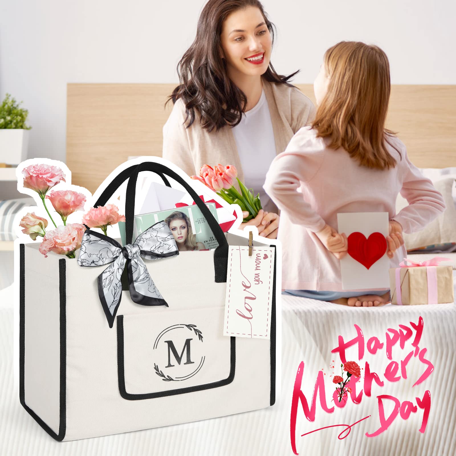 Personalized Monogrammed Canvas Tote Bag for Women - Custom Beach Bag with Initials for Wedding, Birthday, Travel & Shopping - Great Gift Idea for Her