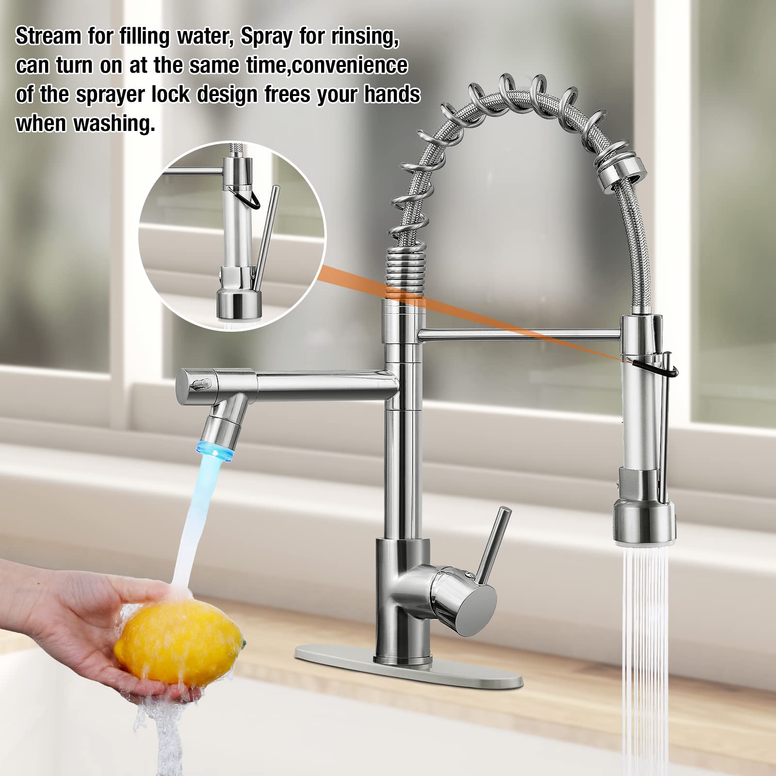 KZH Commercial Single Handle Stainless Steel Kitchen Faucet with Pull Down Sprayer, LED Light & Deck Plate - Brushed Nickel Finish for Modern Kitchens | Perfect for Restaurants, Home Chefs & High-Traffic Sinks