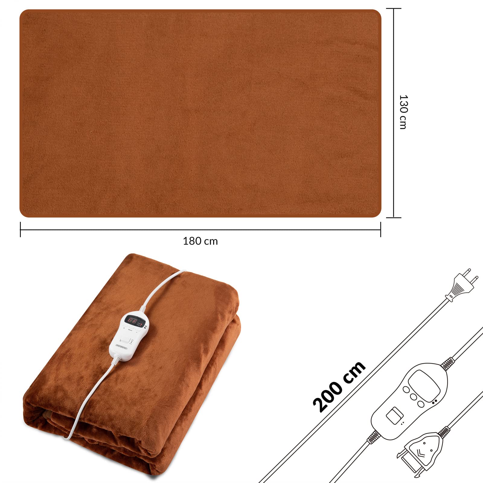 Monzana Large Electric Heated Blanket 180x130cm - 10 Heat Levels with Timer, Brown - Perfect for Cold Nights, Bed Warming & Cozy Home Comfort