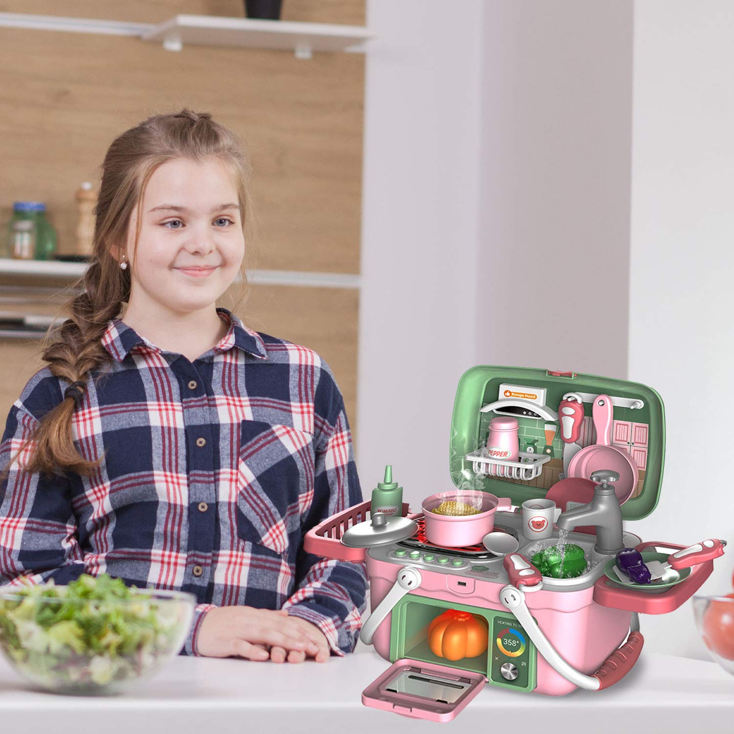 Shape28 Kids Pretend Play Kitchen Set with Sink, Faucet & Running Water - Interactive Toy Kitchen with Lights, Sounds & Cold Steam - Includes Pretend Food & Cooking Spray - Perfect for Imaginative Play & Role-Playing Games for Toddlers & Preschoolers