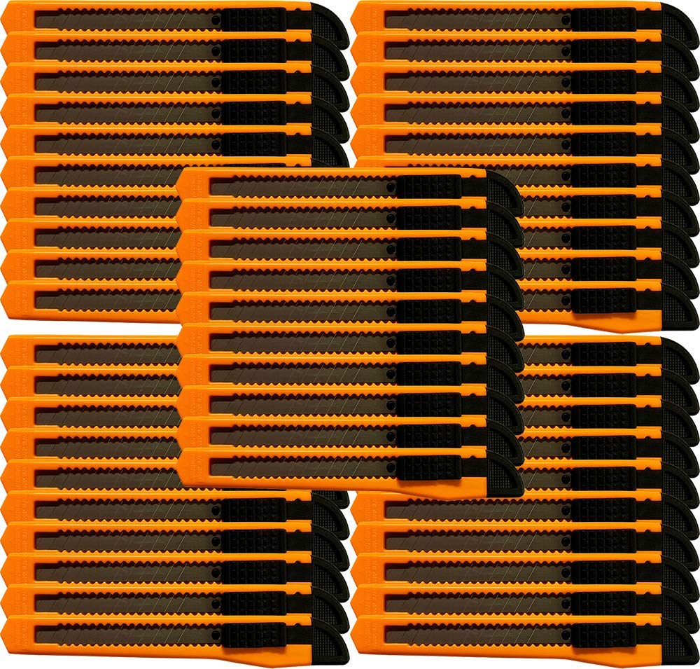 50-Pack Small Neon Orange Utility Knife Box Cutters with 9MM Snap-Off Blades - Heavy Duty for Warehouse, Shipping, and DIY Projects