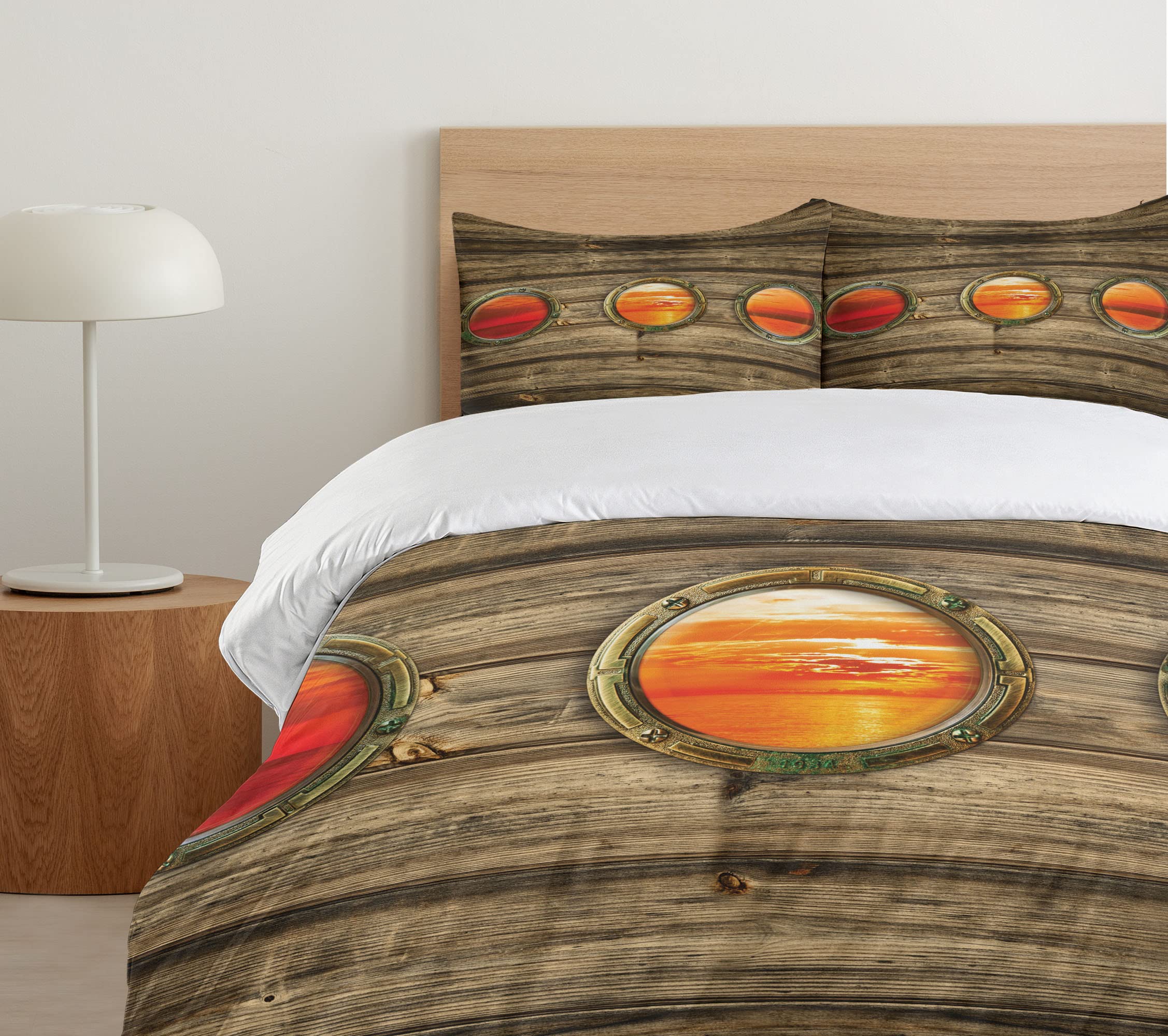 Ambesonne Nautical Duvet Cover Set - King Size 3 Piece Bedding with Rustic Wooden Ship Design, Orange Ocean Sunset Scenes & Oval Windows - Includes 2 Pillow Shams - Perfect for Coastal, Beach House or Sailor Themed Bedroom Decor
