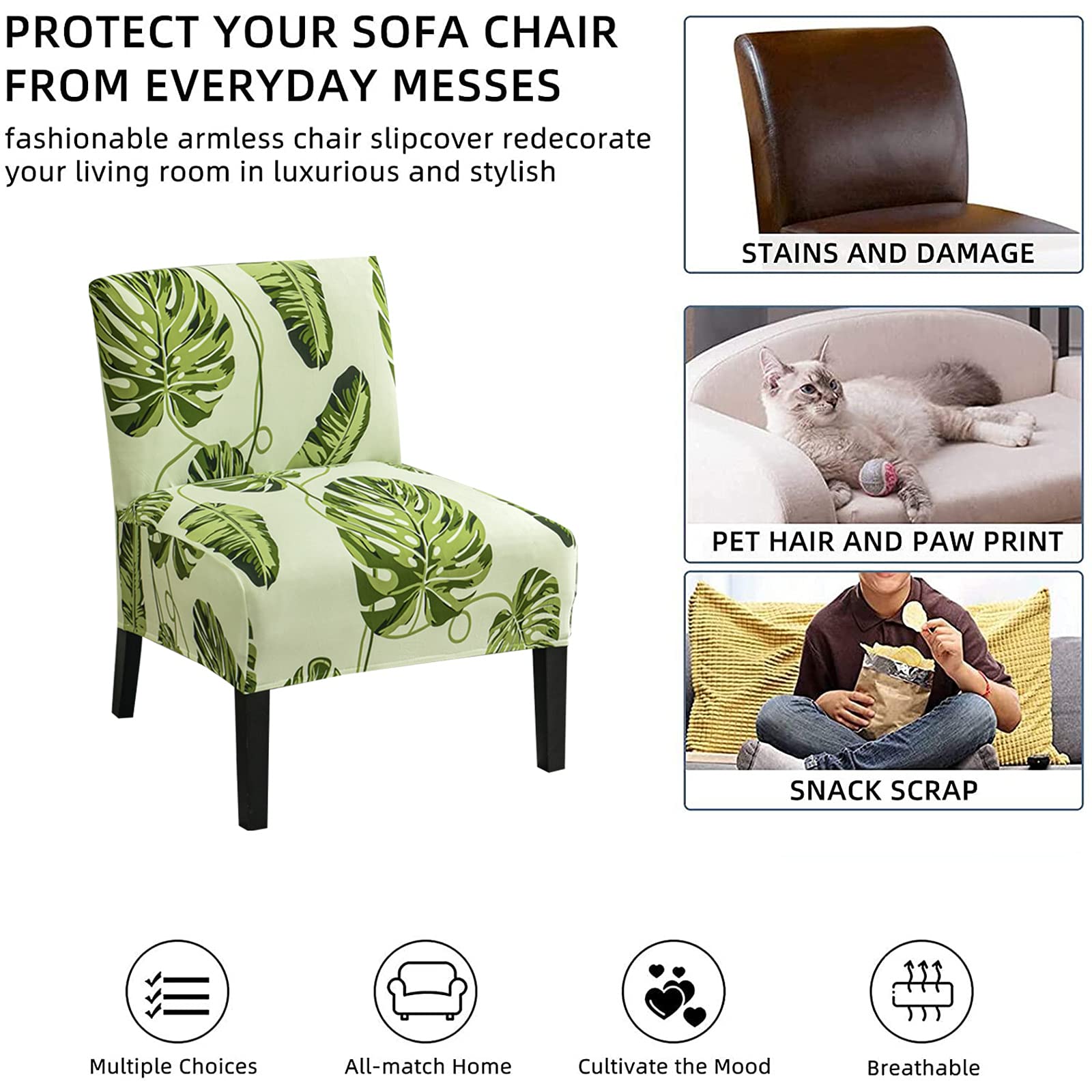 Eco-Friendly Removable Washable Armless Chair Slipcover - Printed Accent Furniture Protector for Living Room, Dining Room, Hotel - Perfect for Home Decor & Guest Seating