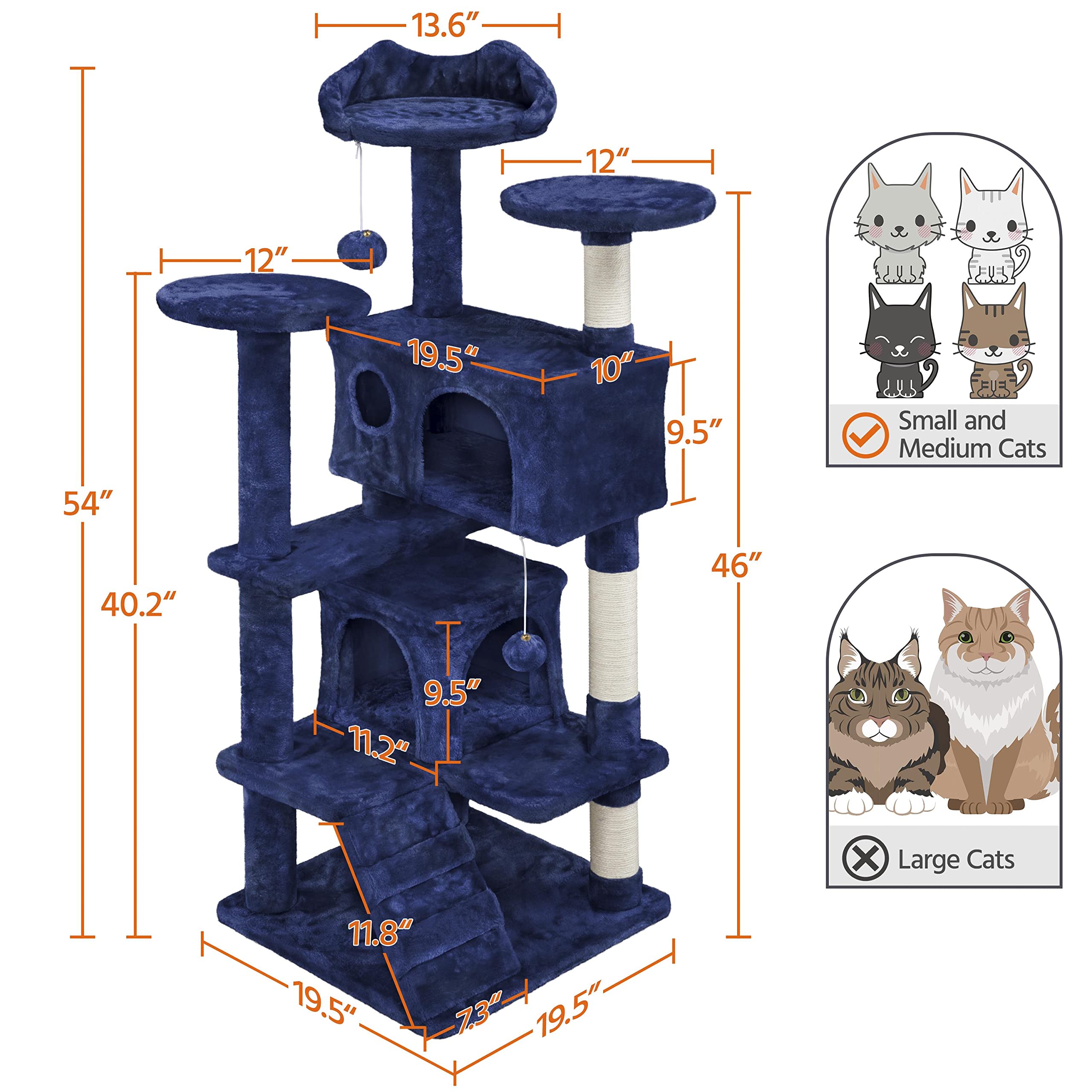 Topeakmart 54 Inch Cat Tree with Scratching Posts, Large Cat Condo & Perch - Sturdy Cat Tower Furniture for Indoor Cats (Navy Blue) - Perfect for Play, Rest & Climbing in Living Rooms & Bedrooms