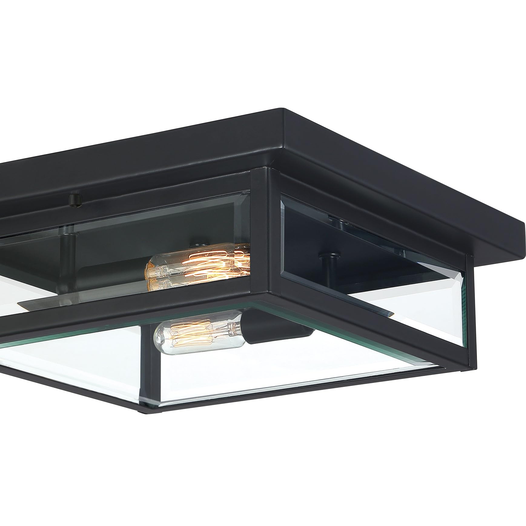 Quoizel Westover 12 Inch 2-Light Flush Mount Ceiling Light - Earth Black Industrial Lantern with Beveled Glass - Perfect for Hallway, Kitchen, Bedroom, Bathroom & Dining Room Lighting