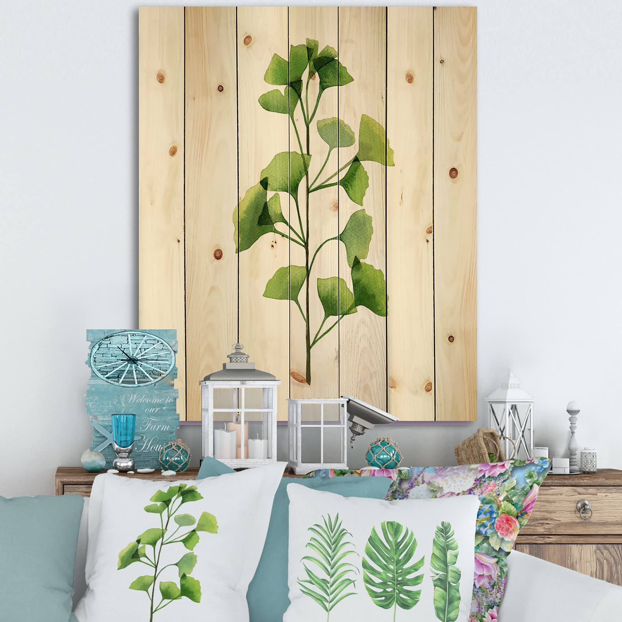 Farmhouse Wood Wall Decor - Green Field Plant Foliage Printed on Natural Pine Wood, Large Floral Wall Art Panels for Living Room, Bedroom & Home Decor