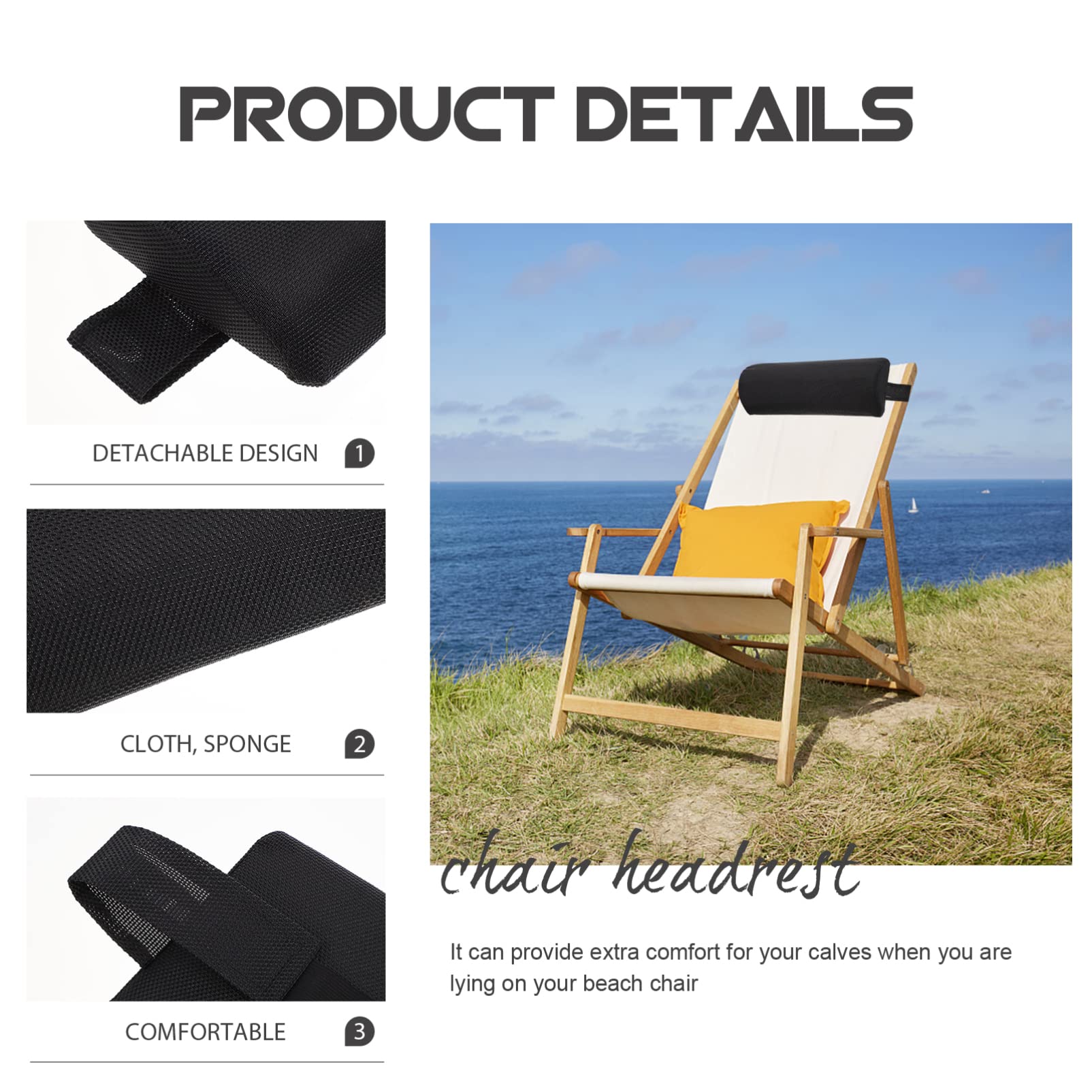 Yardwe Recliner Pillow - Removable Padded Headrest with Elastic Band for Beach Chairs, Lounge Chairs - Comfortable Head and Neck Support Cushion (Black) - Perfect for Beach Relaxation, Poolside Lounging, and Outdoor Comfort