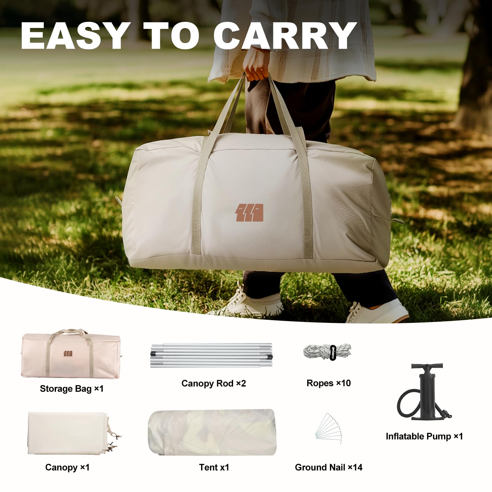 Inflatable Camping Tent for 3-4 Person - Easy Setup 4 Season Waterproof Windproof Air Tent with Hand Pump & Canopy | Perfect for Outdoor Glamping, Family Camping Trips & Backyard Adventures