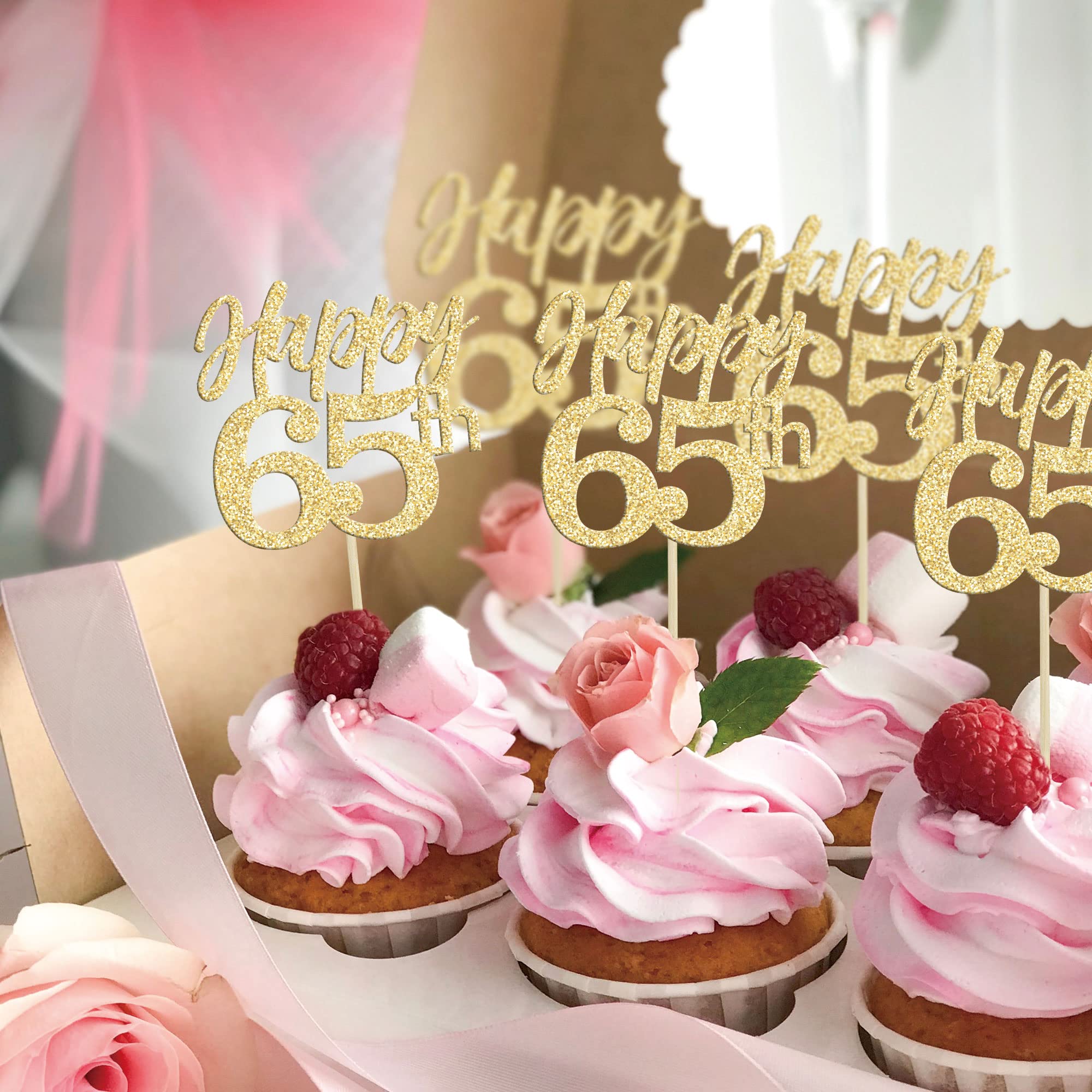 24Pcs Gold Glitter Happy 65th Birthday Cupcake Toppers - Number 65 Sixty Five Cheers Decorations for Anniversary, Wedding & Party Supplies | Perfect for 65th Birthday Cakes, Retirement Celebrations & Milestone Events