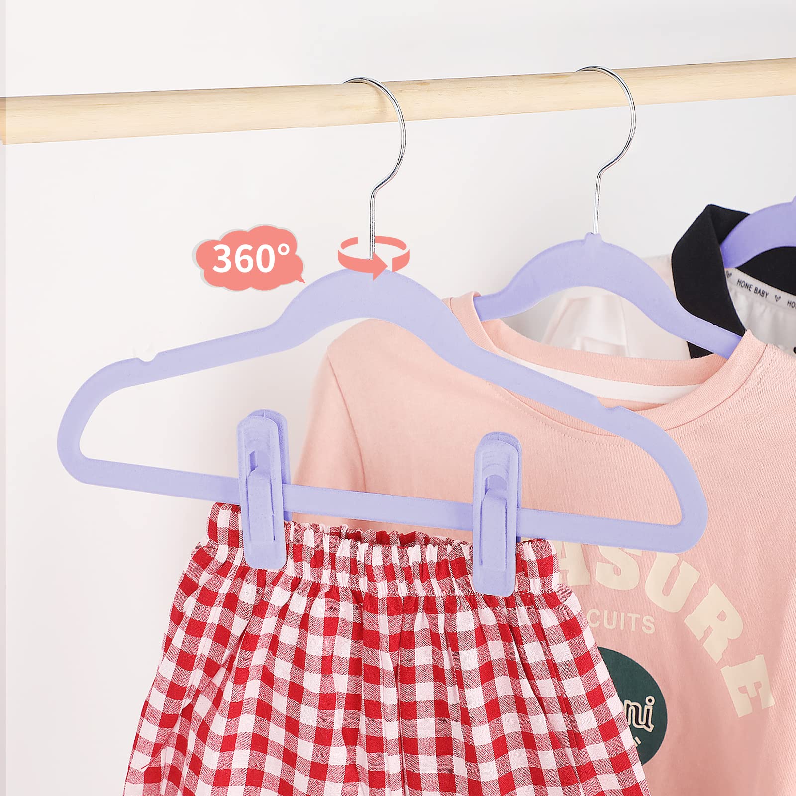 60 Pack Tinfol Kids Velvet Hangers - 13.7 Inch Light Purple Non-Slip Toddler Closet Hangers with 8 Clips, Ultra Thin Space Saving Children's Clothes Hangers for Shirts & Pants | Perfect for Nursery, Daycare & Kids Wardrobe Organization