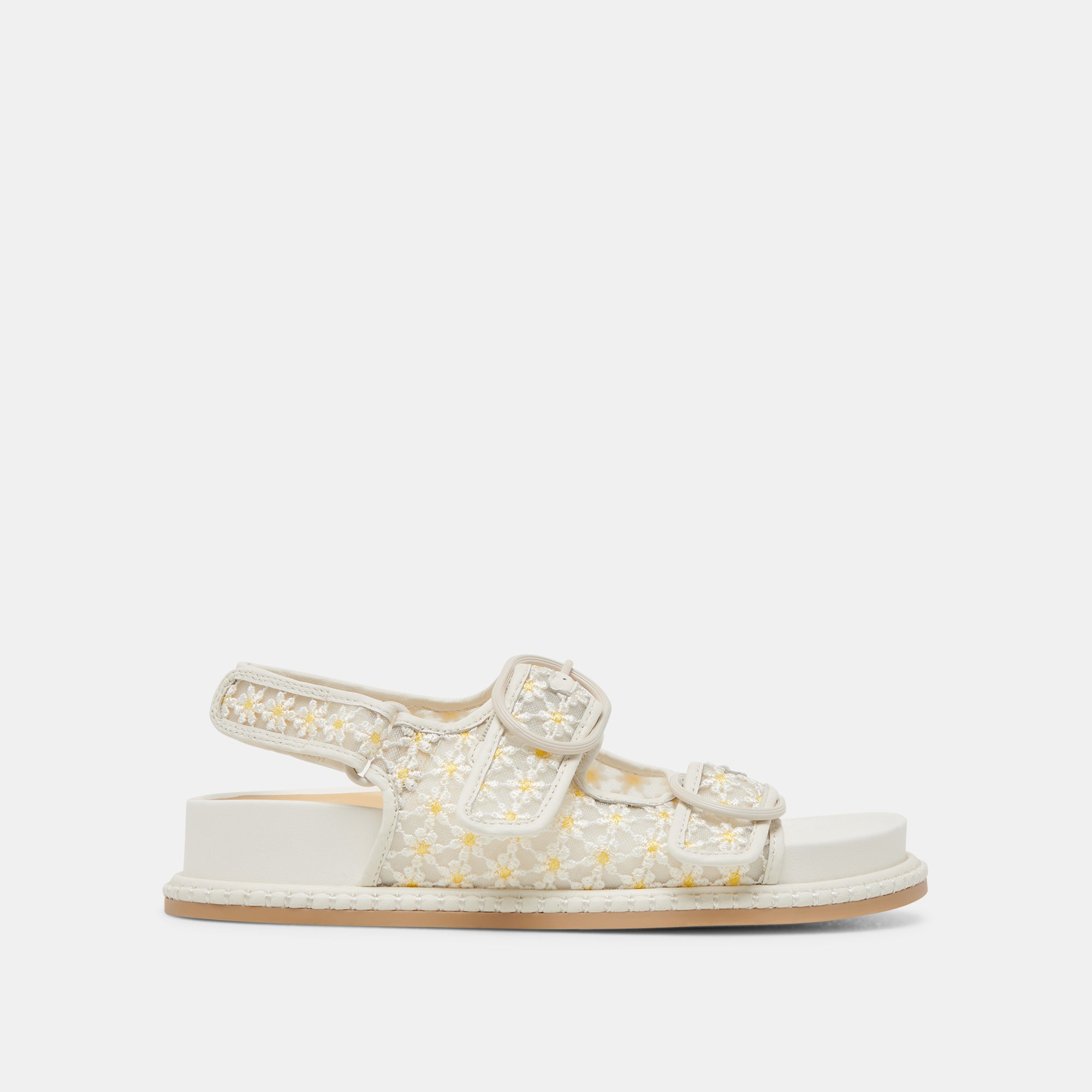 Stuart Floral Sandals for Women - White & Yellow Mesh Summer Sandals with Flower Design | Comfortable Beach Sandals for Vacation, Walking, and Outdoor Activities