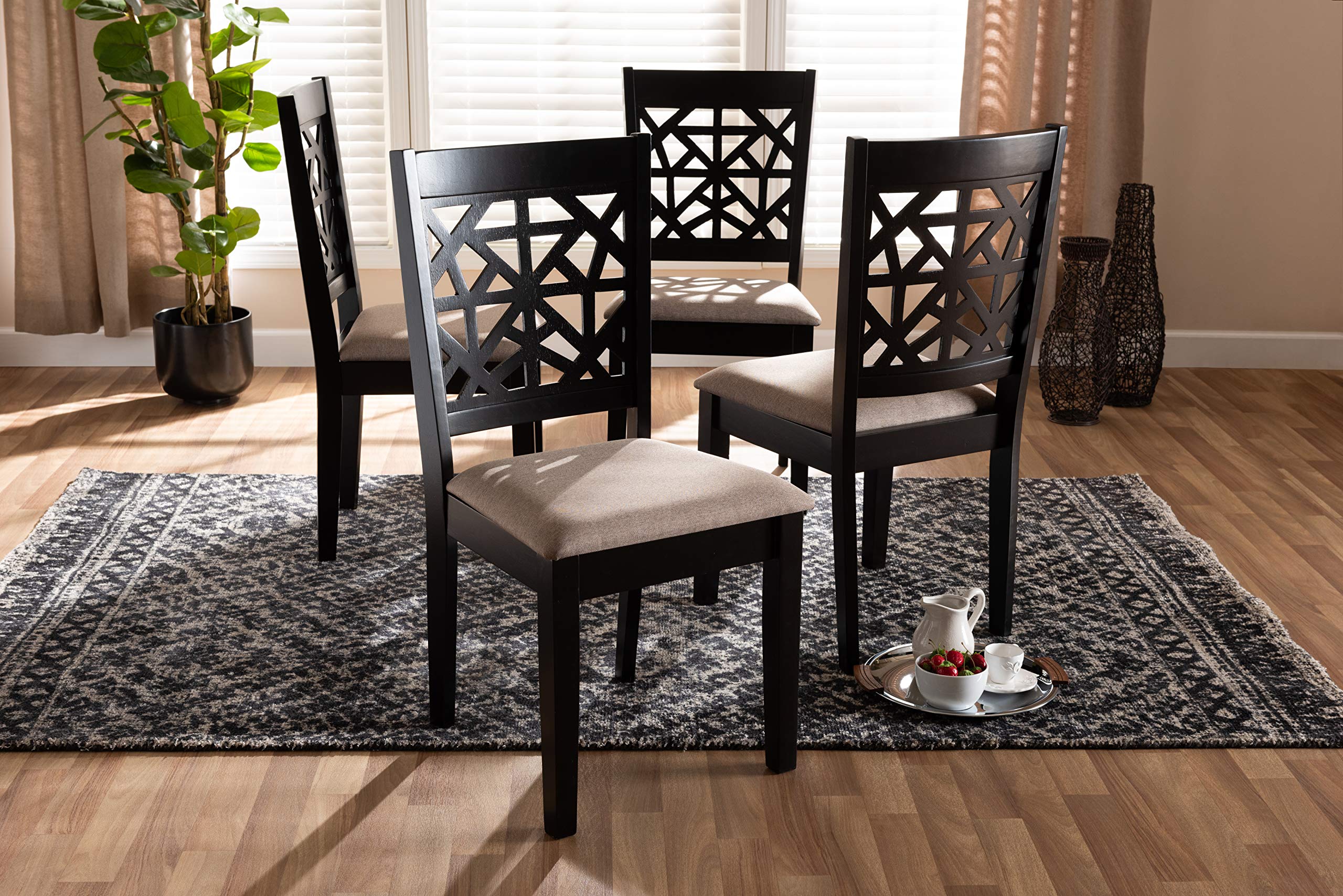 Baxton Studio Jackson 4-Piece Dining Chair Set - Upholstered Sand Fabric Seats with Espresso Brown Wood Finish - Perfect for Kitchen, Dining Room & Breakfast Nook