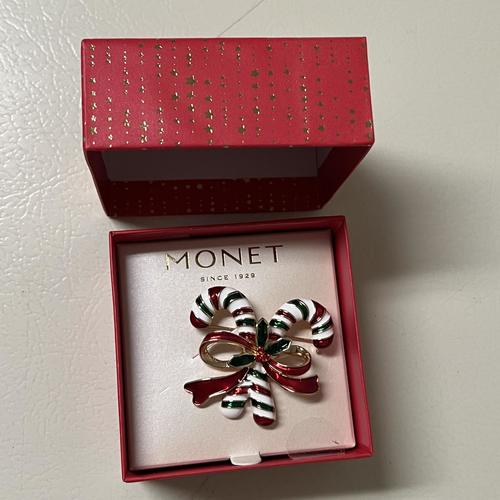 Monet Jewelry Christmas Candy Cane Multi-Color Glass Brooch Pin - Festive Holiday Accessory for Sweaters, Scarves & Gift Giving