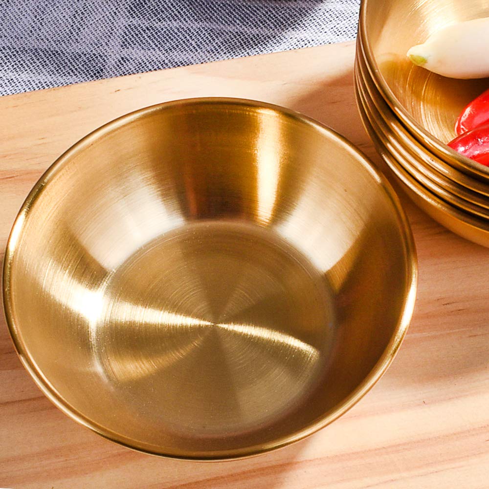 Premium Japanese Stainless Steel Soy Sauce Dishes Set of 6 - Round Sushi Dipping Bowls for Asian Cuisine, Mini Appetizer Plates & Ice Cream Serving - Elegant Gold Kitchenware for Restaurants, Sushi Bars & Home Dining