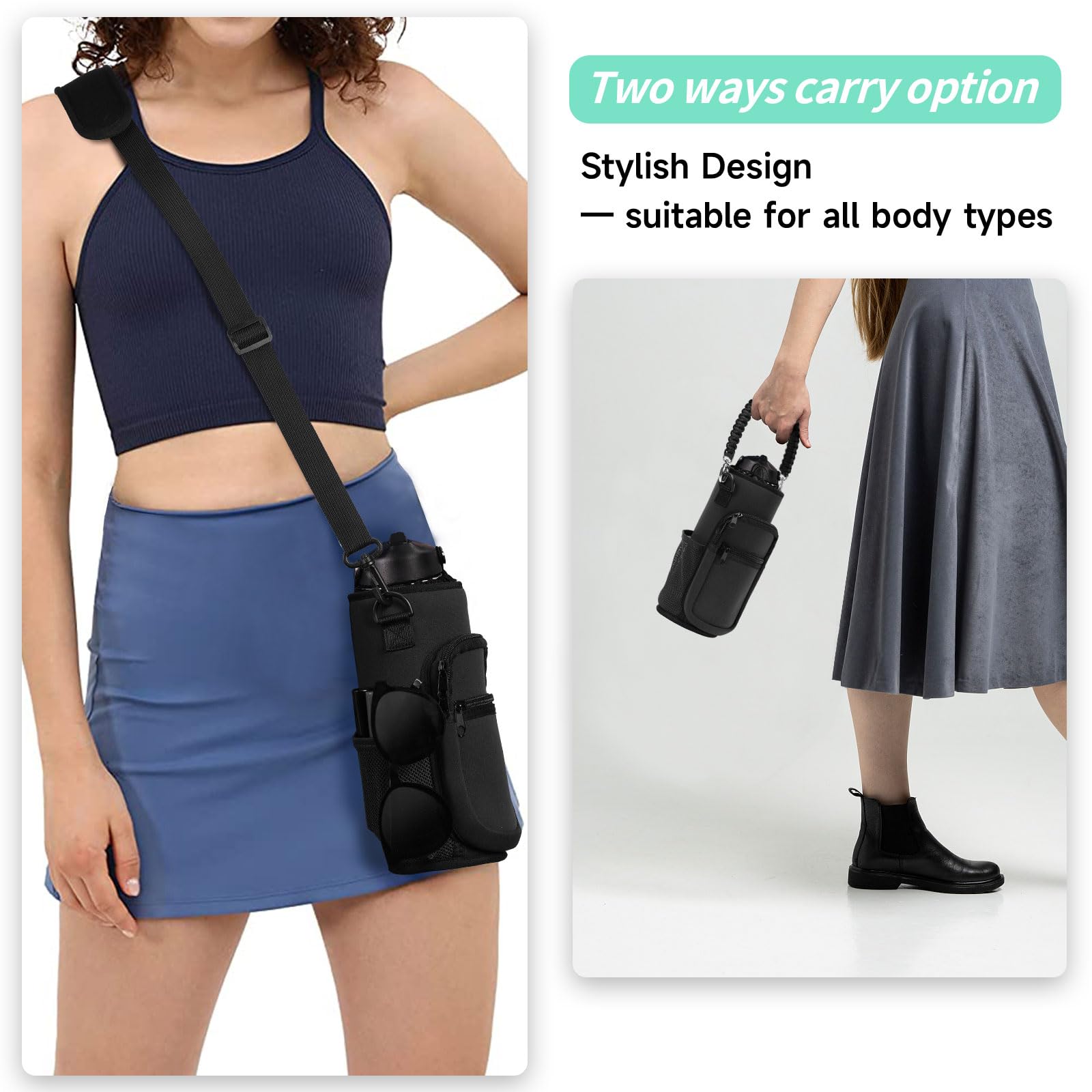 32/40/64/87/128 oz Insulated Water Bottle Carrier Bag - Neoprene Bottle Sleeve with 4 Pockets & Adjustable Shoulder Strap - Sport Water Holder with Paracord Handle for Hiking, Camping, Gym & Outdoor Activities - Perfect for Workouts, Travel & Daily Hydration