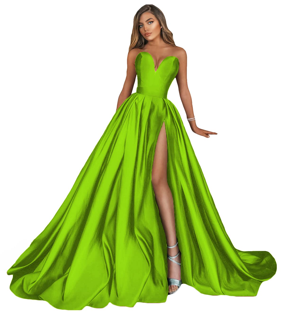 Xuzzy Women's Strapless Prom Dress - Satin Long Slit Evening Gown with Pockets for Formal Ball, Homecoming, Wedding & Special Occasions
