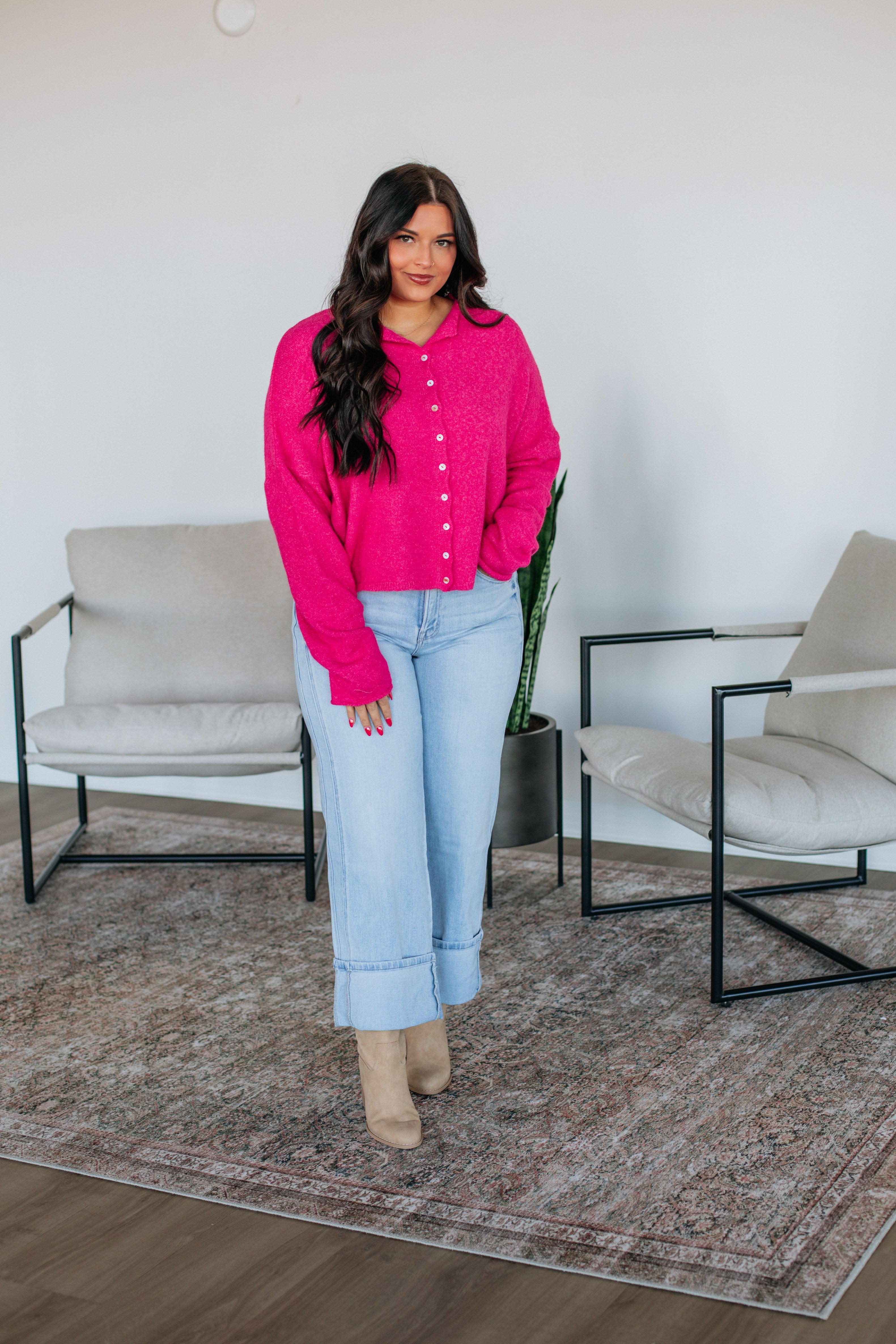 Brooke Cardigan Women's Fuchsia Pink Knit Sweater - Cozy & Stylish for Fall & Winter Outfits