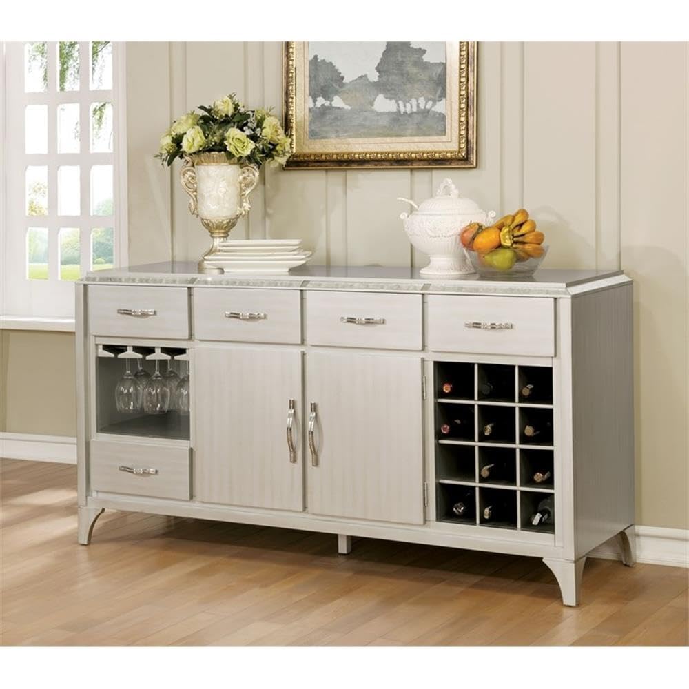 Furniture of America Desi Wood Dining Buffet Cabinet with Wine Rack in Silver - Modern Sideboard for Dining Room Storage & Entertaining