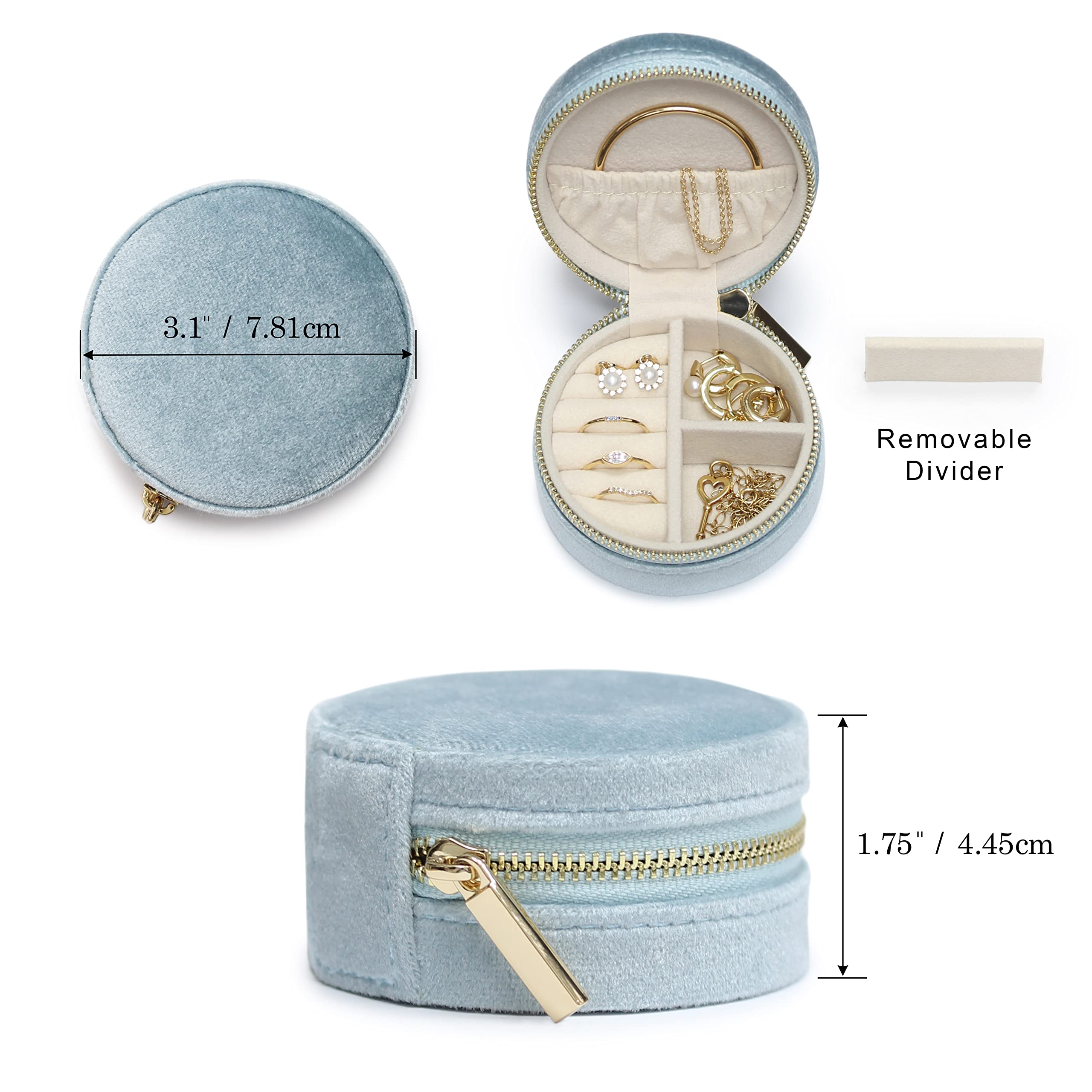 BLUETTE Velvet Travel Jewelry Organizer - Small Round Jewelry Storage Box for Necklaces, Rings & Earrings - Perfect Jewelry Case for Vacation, Business Trips & Gifts (Sky Blue, Round)