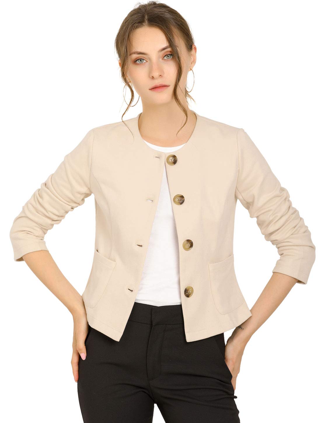 Allegra K Women's Cropped Blazer Jacket - Elegant Long Sleeve Button Down Office Blazer for Spring | Casual Work Wear & Business Attire | Perfect for Office, Meetings, and Professional Events