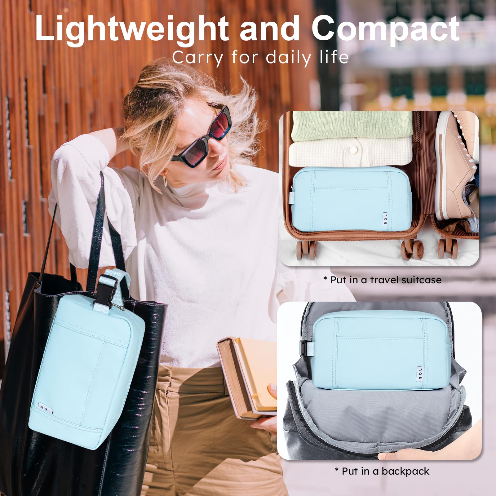 NOL Natural Organic Lifestyle Waterproof Nylon Makeup Bag - Lightweight Travel Toiletry Organizer for Women & Men, Reusable Cosmetic Pouch with Zip Closure & Buckle Handle (Light Blue) - Perfect for Travel, Gym, Beach & Daily Essentials Storage