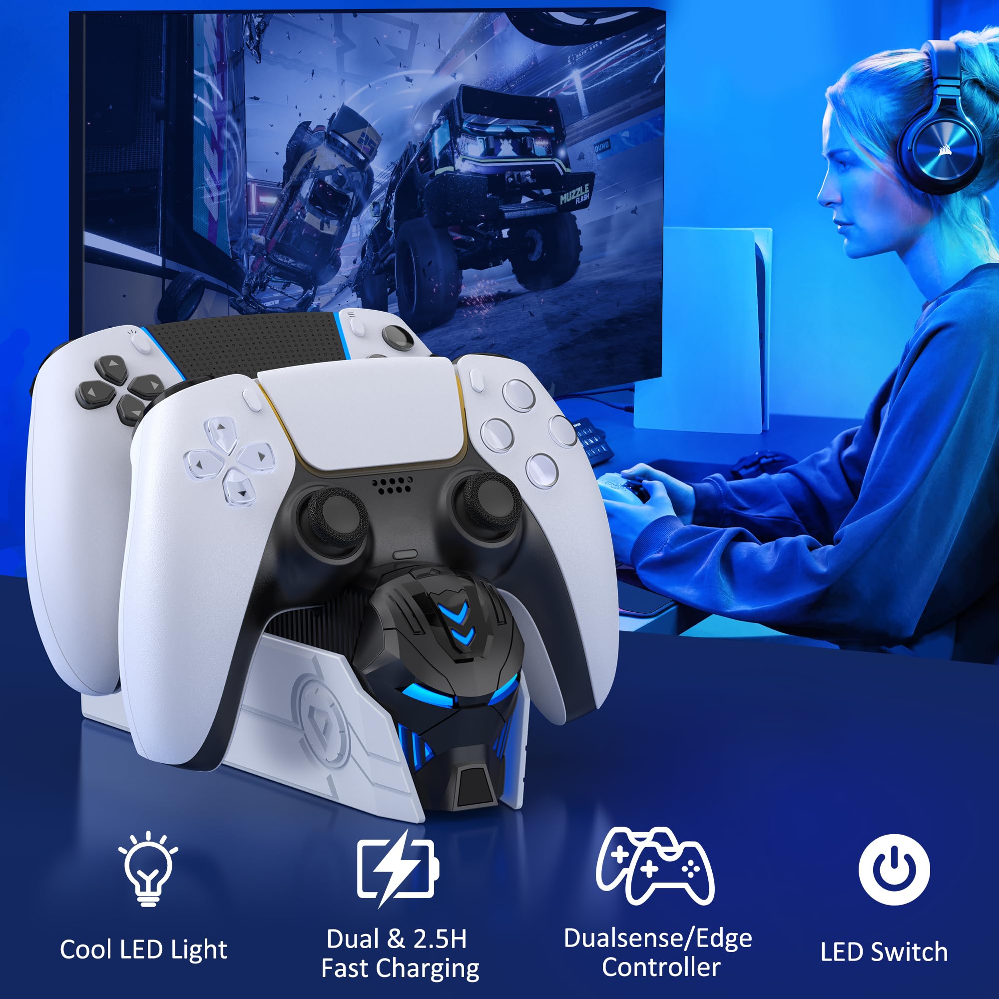 PS5 Controller Charging Station - Fast Dual Dock for DualSense/Edge with LED Light | Gaming Setup