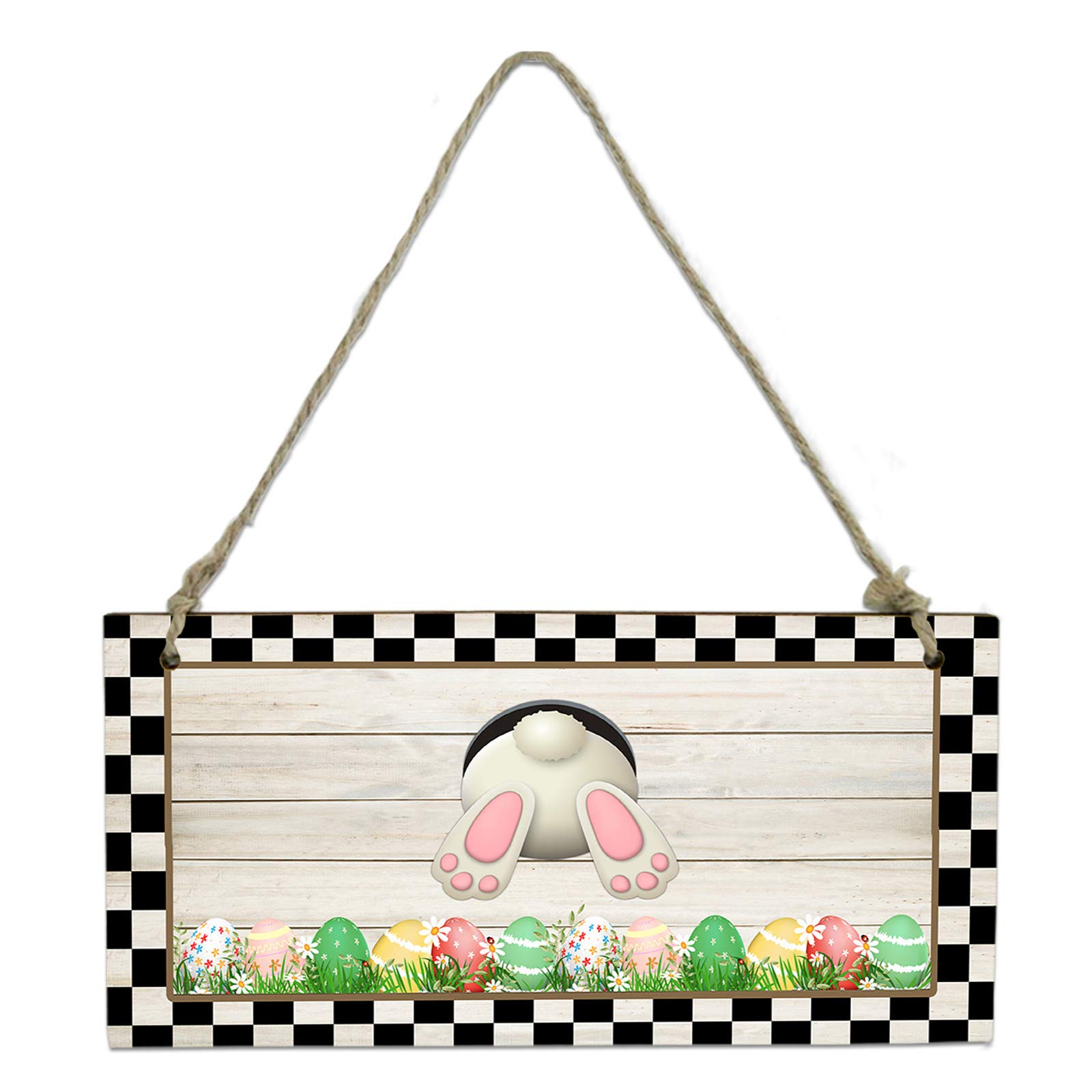 Easter Wooden Hanging Sign - Bunny Tail Welcome Plaque with Grass & Black Check Plaid Design for Wall Door Decor | Perfect for Easter Party Home Decoration & Spring Festival Decorations