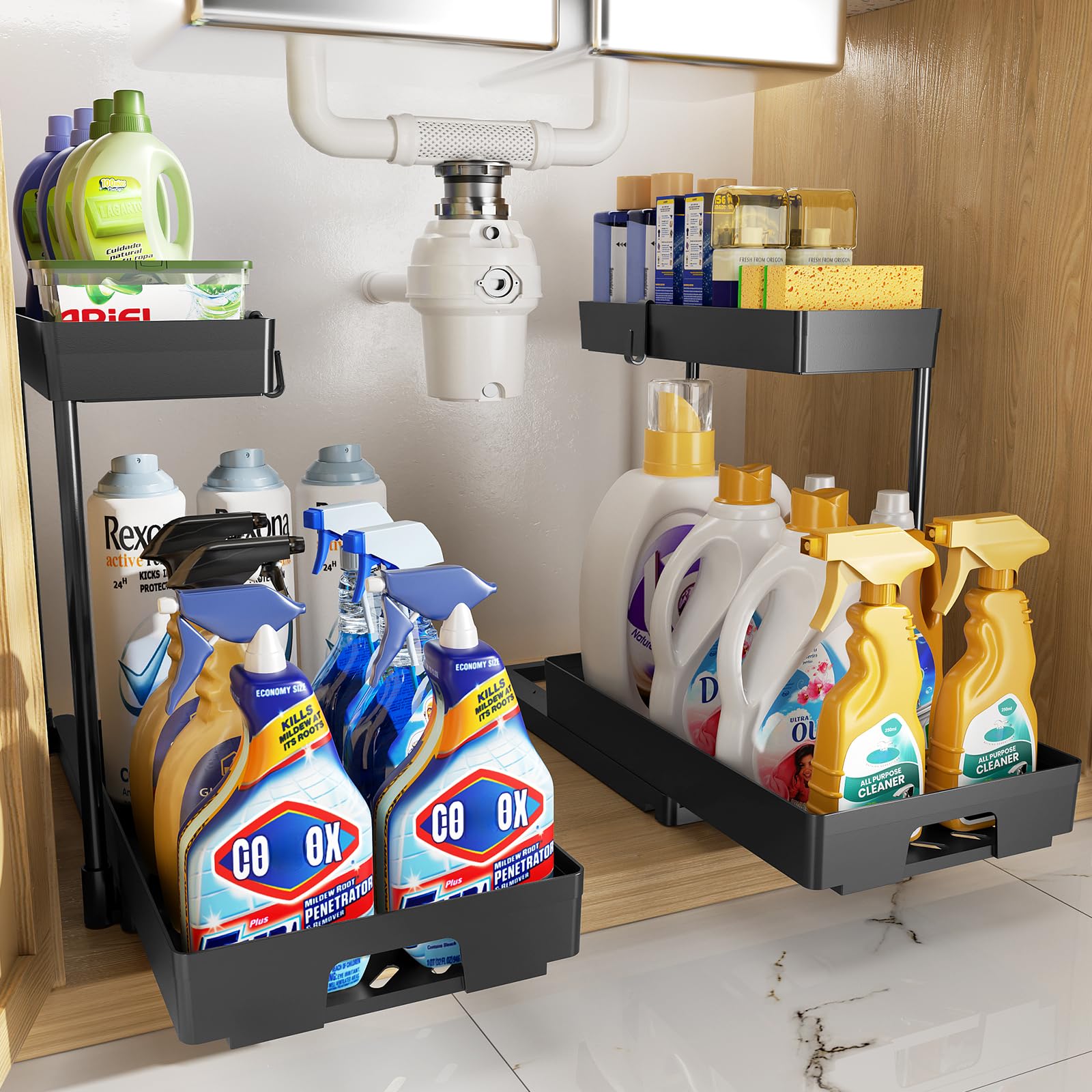 Delamu 2 Pack Under Sink Organizer Set - 2 Tier Pull Out Cabinet Organizer for Bathroom & Kitchen, L-Shaped Black Sink Storage with Drawer - Perfect for Organizing Cleaning Supplies, Toiletries & Kitchen Essentials Under Sink