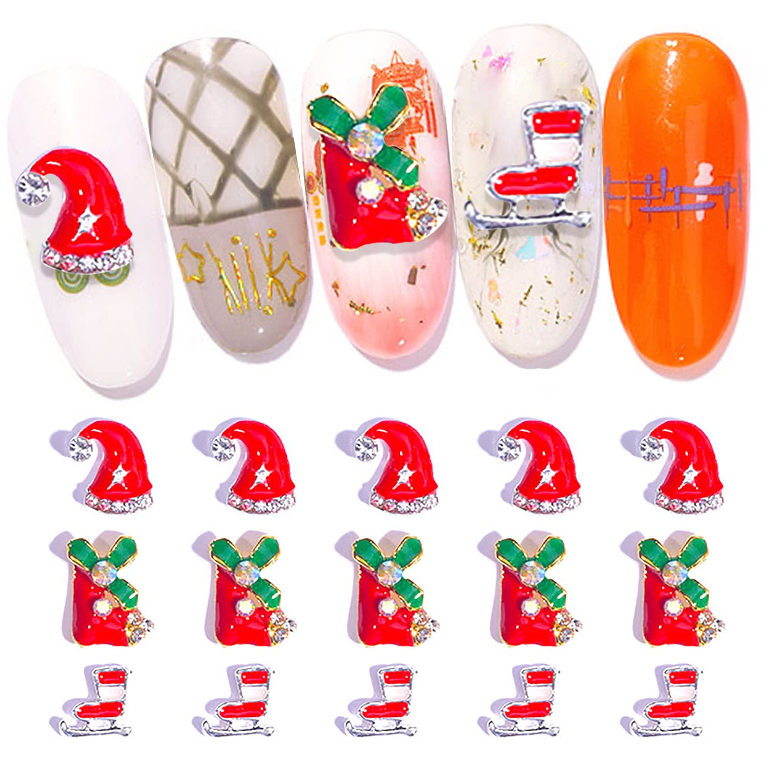 WOKOTO 40pcs Christmas Nail Charms - 3D Nail Art Decorations for Acrylic Nails, Christmas Tree, Socks, Candy Canes, Rhinestones & Nail Gems - Perfect for Holiday Manicures, Party Nail Art & Festive DIY Nail Designs