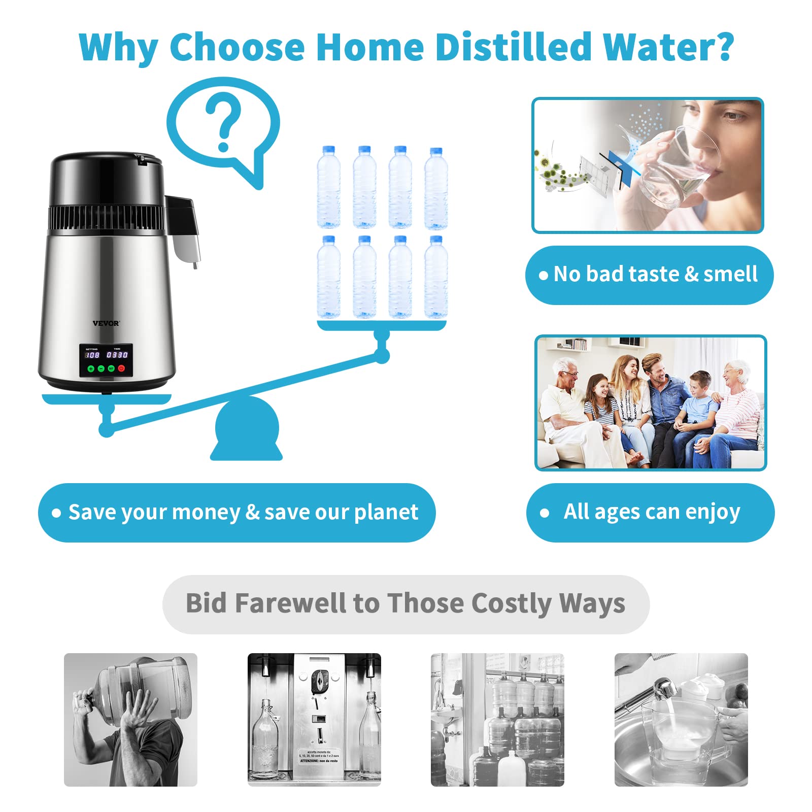 VEVOR 1.1 Gallon Countertop Water Distiller Machine - 750W Stainless Steel with Glass Carafe, 0.3 Gal/Hour Output & Digital Display - Includes Cleaning Powder & 3 Carbon Filters for Home, Office, or Emergency Preparedness