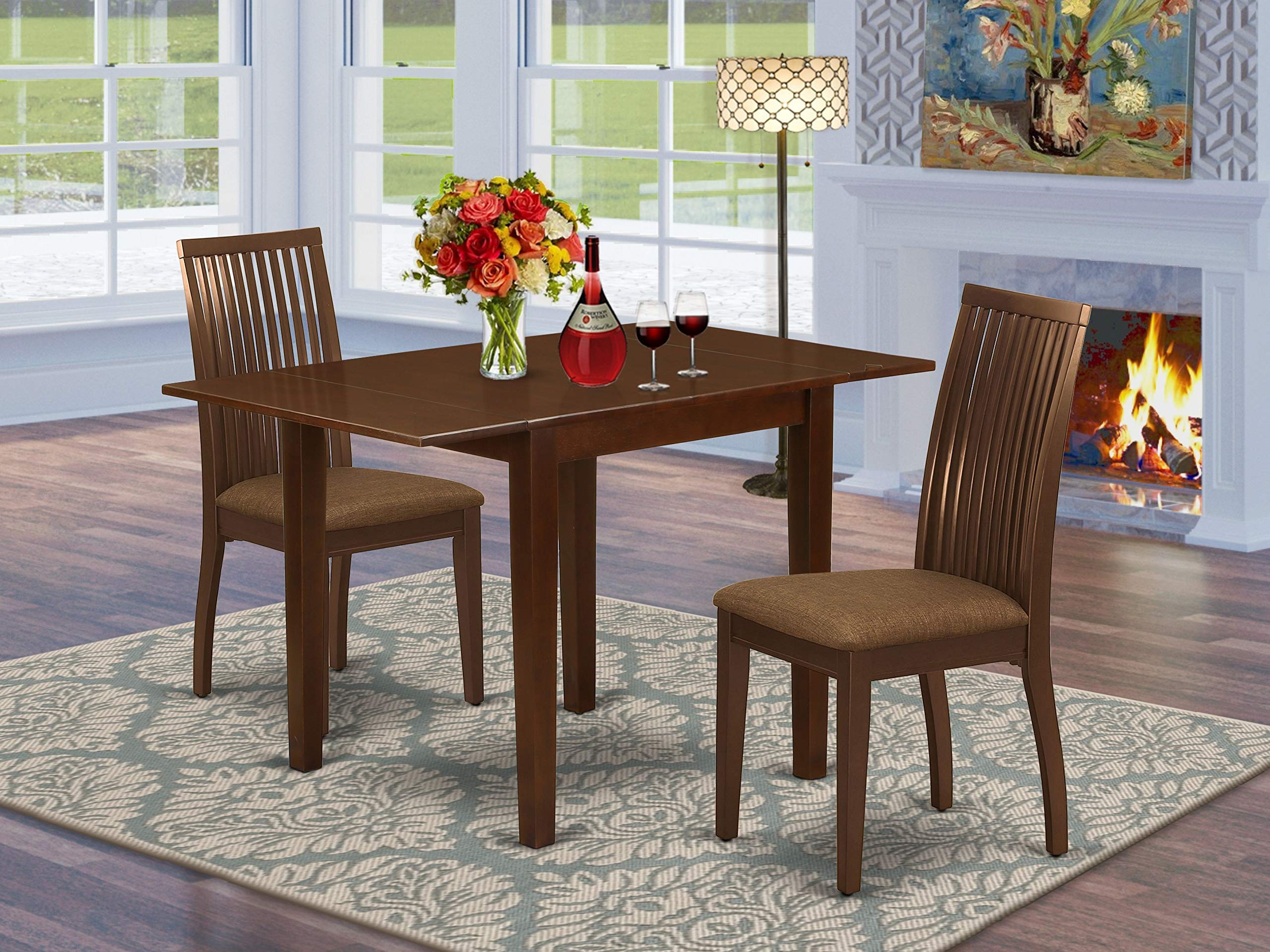 East West Furniture NDIP3-MAH-C 3-Piece Mahogany Dining Set with Drop-Leaf Table & 2 Upholstered Chairs, 30x48 Inch - Perfect for Small Spaces, Breakfast Nooks & Apartment Dining Rooms