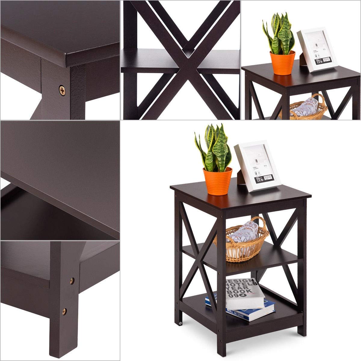 3 Tier Nightstand End Table with Storage - Modern Espresso Wood Bedside Table for Living Room, Bedroom - Perfect for Organizing Books, Lamps & Decor