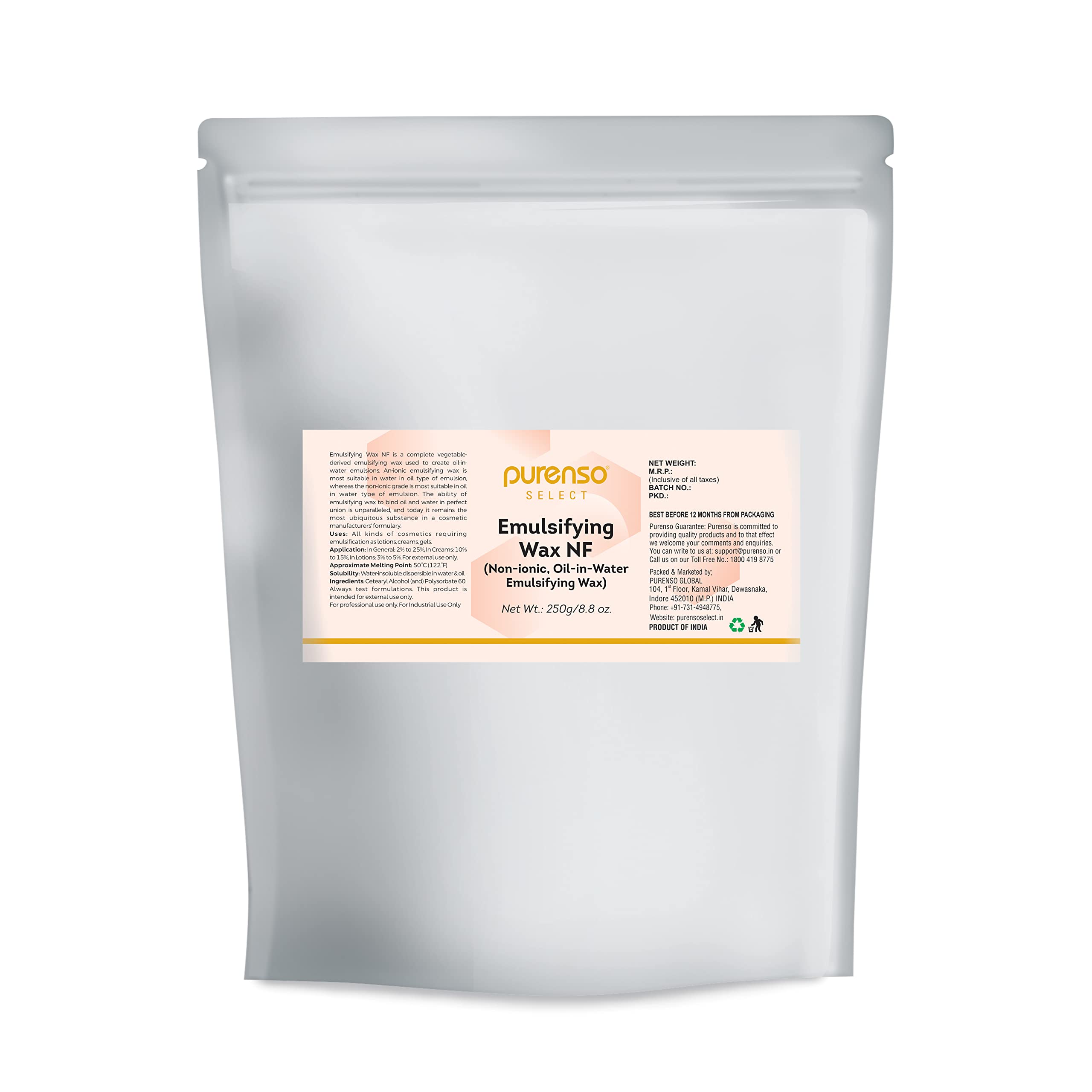 Purenso Select - 250g Emulsifying Wax NF | Non-Ionic, 100% Vegetable Derived | For Homemade Creams, Lotions, DIY Cosmetics & Skincare Products | Perfect for Handmade Body Butter, Lip Balm & Hair Conditioner