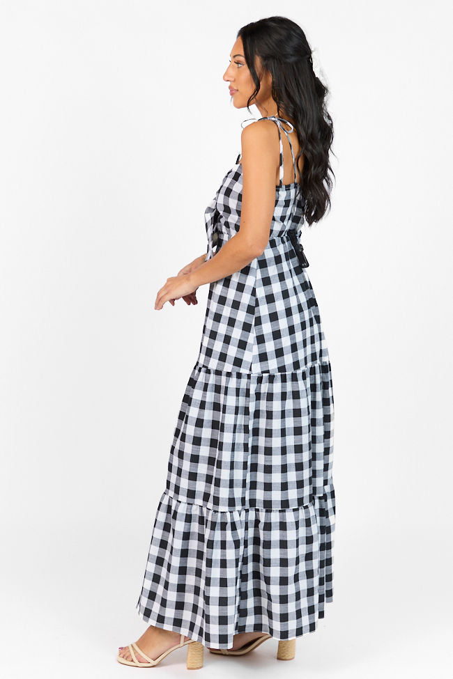 Black and White Gingham Tie Front Maxi Dress - Women's Summer Flowy Long Dress with Side Slits | Perfect for Beach Vacations, Date Nights & Outdoor Parties