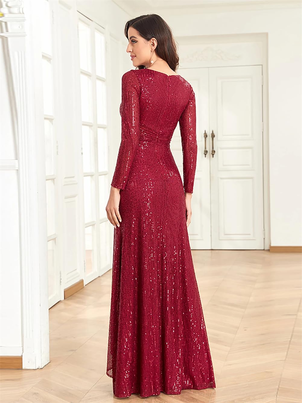 Elegant Long Sleeve V-Neck Sequin Evening Dress for Women - Wedding Guest Gown, Party Cocktail Dress, Formal Occasions & Special Events