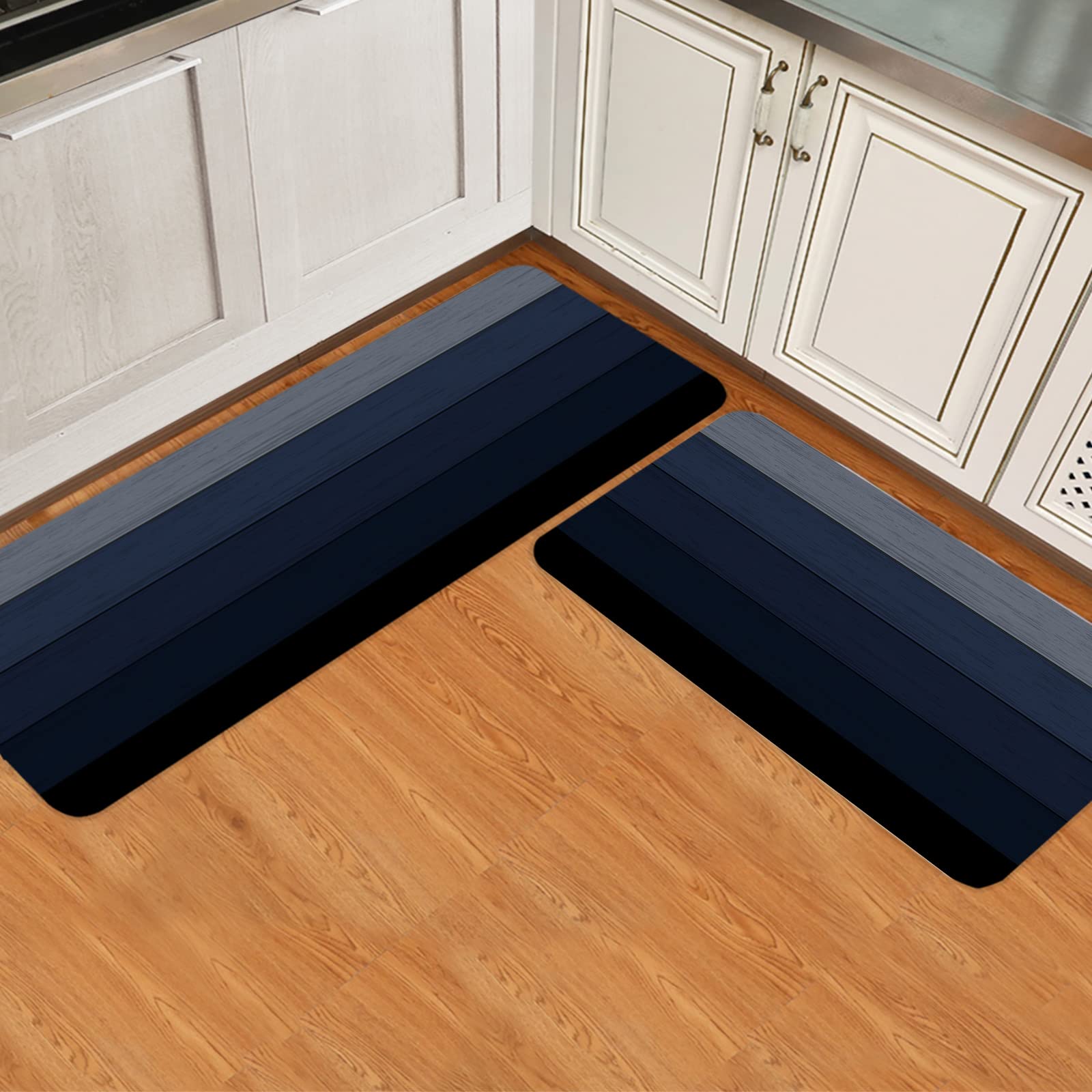 2-Piece Non-Slip Kitchen Runner Rugs Set - Cushioned Anti-Fatigue Floor Mats with Waterproof Backing, Retro Wooden Plank Design for Comfortable Standing - Perfect for Kitchens, Laundry Rooms & High-Traffic Areas