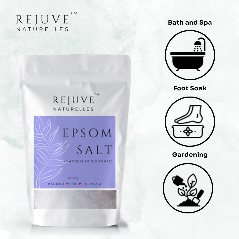 Rejuve Naturelles Premium Epsom Salt 900g - 100% Pure Magnesium Sulfate Crystals for Muscle & Foot Pain Relief, Plant Growth | Natural Relaxation & Recovery for Bath Soak, Gardening & Home Spa