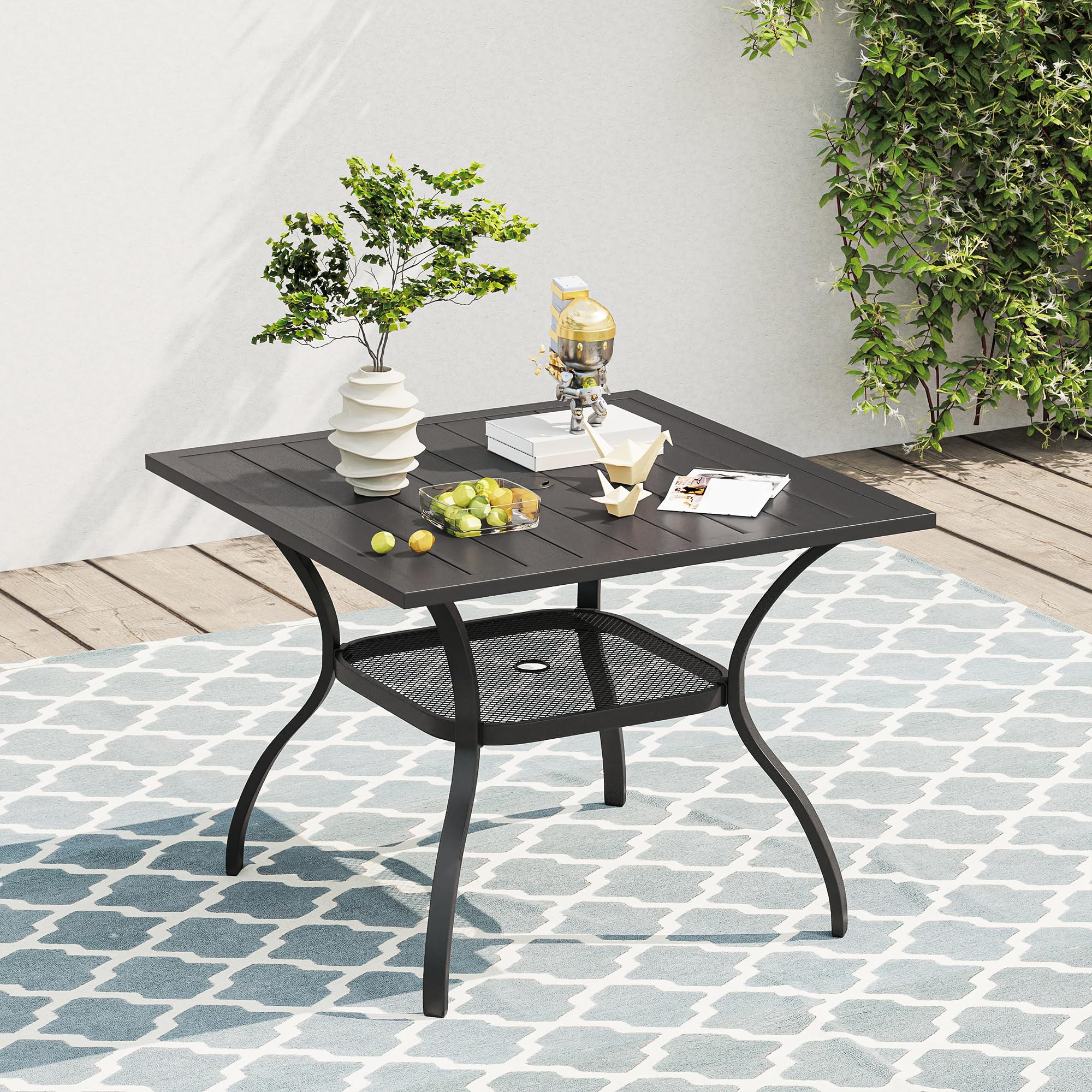 VICLLAX 4-Person Square Outdoor Patio Dining Table with Metal Slatted Tabletop, Storage Shelf & Umbrella Hole - Perfect for Backyard, Lawn, Deck & Garden Gatherings (Black)