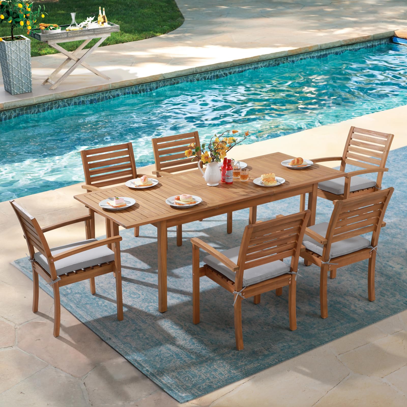 OC Orange-Casual 4-Piece Stackable Patio Dining Chair Set - Outdoor Acacia Wood Armchairs with Removable Fabric Cushions - Light Grey - Perfect for Porch, Backyard, Garden, and Indoor Dining Areas