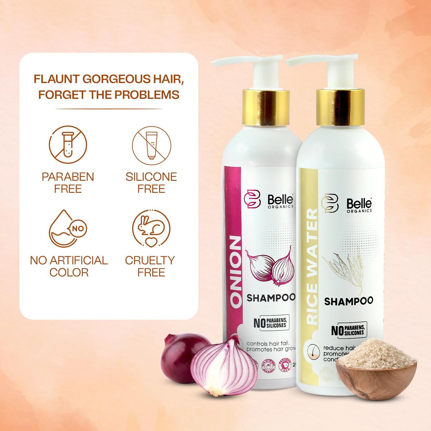 Belle ORGANICS Rice Water & Onion Shampoo Set - 250ml Each | Ayurvedic Hair Growth Treatment for Stronger, Silkier Hair | Sulfate, Silicone & Paraben Free | Men & Women | Daily Hair Care for Damaged & Thinning Hair | Home Spa & Salon Quality Treatment