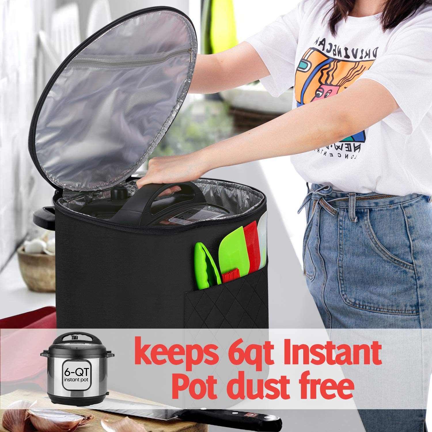Luxja Instant Pot 6 Quart Dust Cover with Zipper Closure & Accessory Pockets - Black Medium Size for Kitchen Storage & Appliance Protection