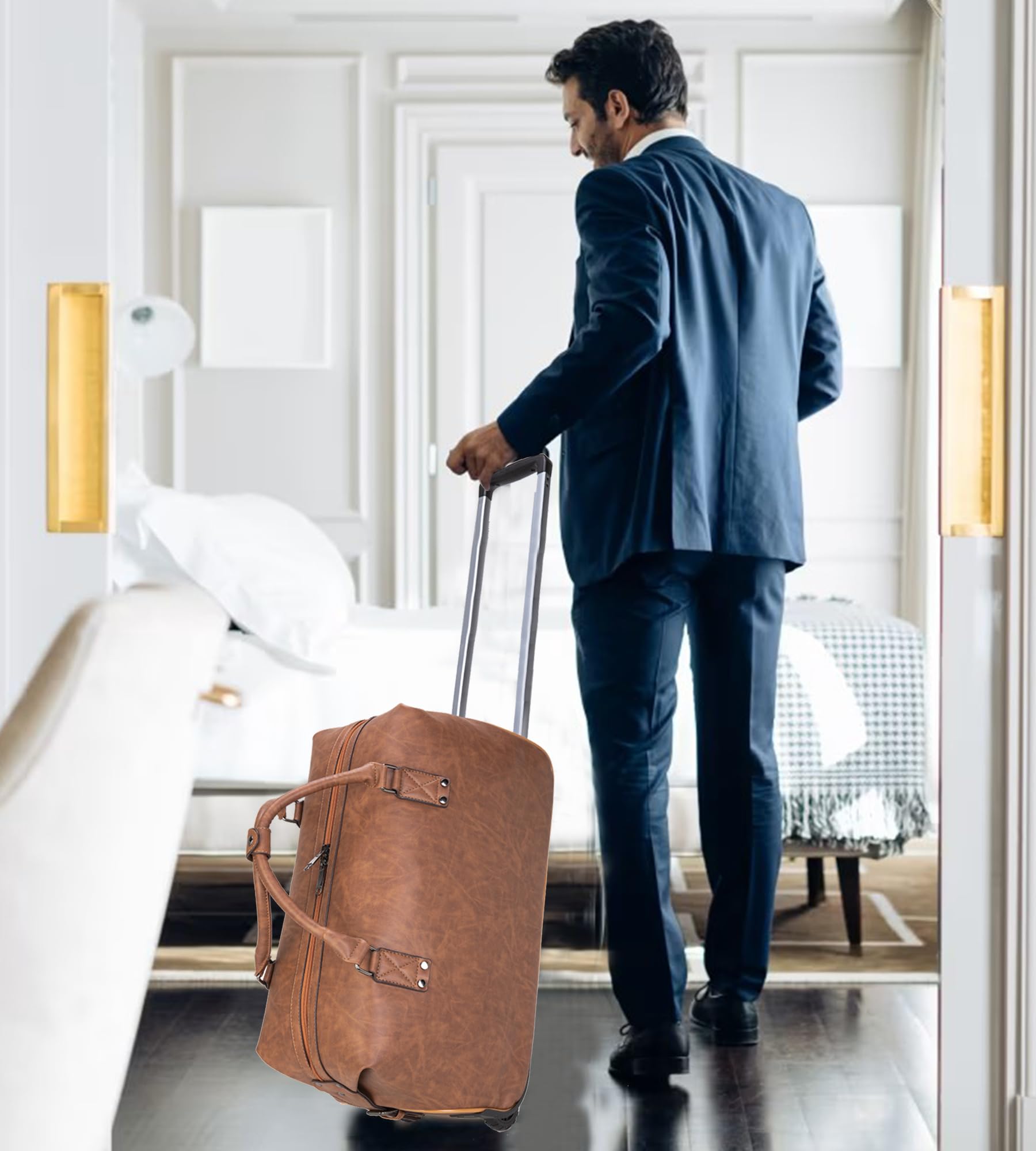 Premium Leather Travel Duffel Bag with Wheels - Waterproof Unisex Weekender & Toiletry Carry-On Suitcase for Overnight Trips (Brown) | Business Travel, Gym Bag, Weekend Getaways & Airplane Luggage
