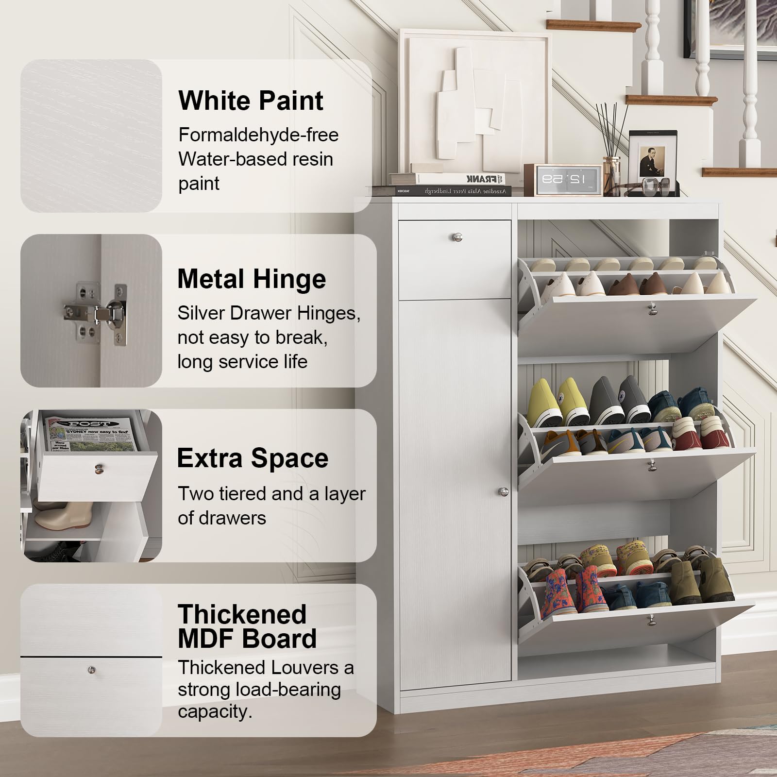 3-Tier Free Standing Shoe Storage Cabinet with Flip Drawers - Narrow Entryway Shoe Organizer with Doors for Hidden Storage | Perfect for Small Spaces, Closet Organization & Entryway Decor