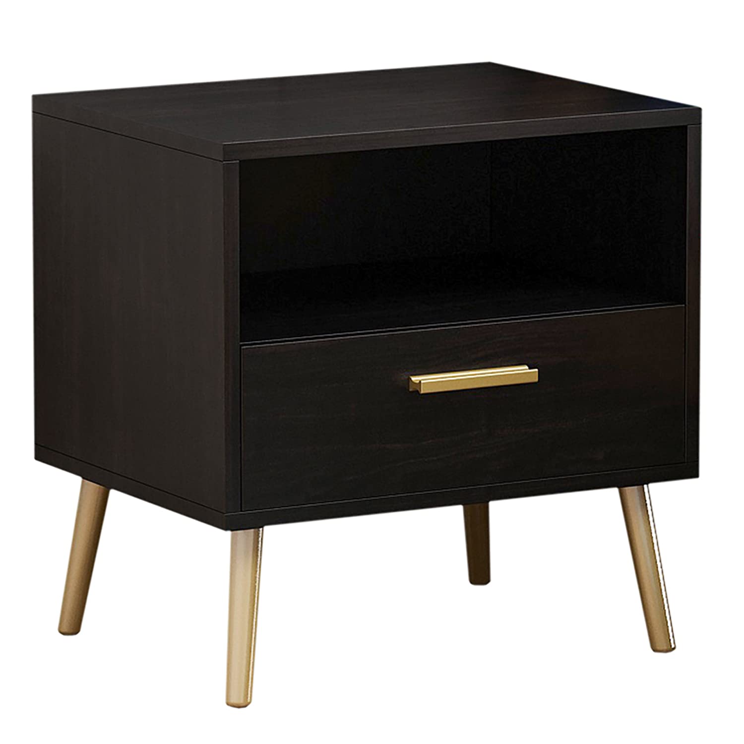 Modern Nightstand with Metal Legs - Minimalist Bedside Table with 1 Drawer & Open Shelf - Black Brown End Table for Bedroom, Living Room & Office