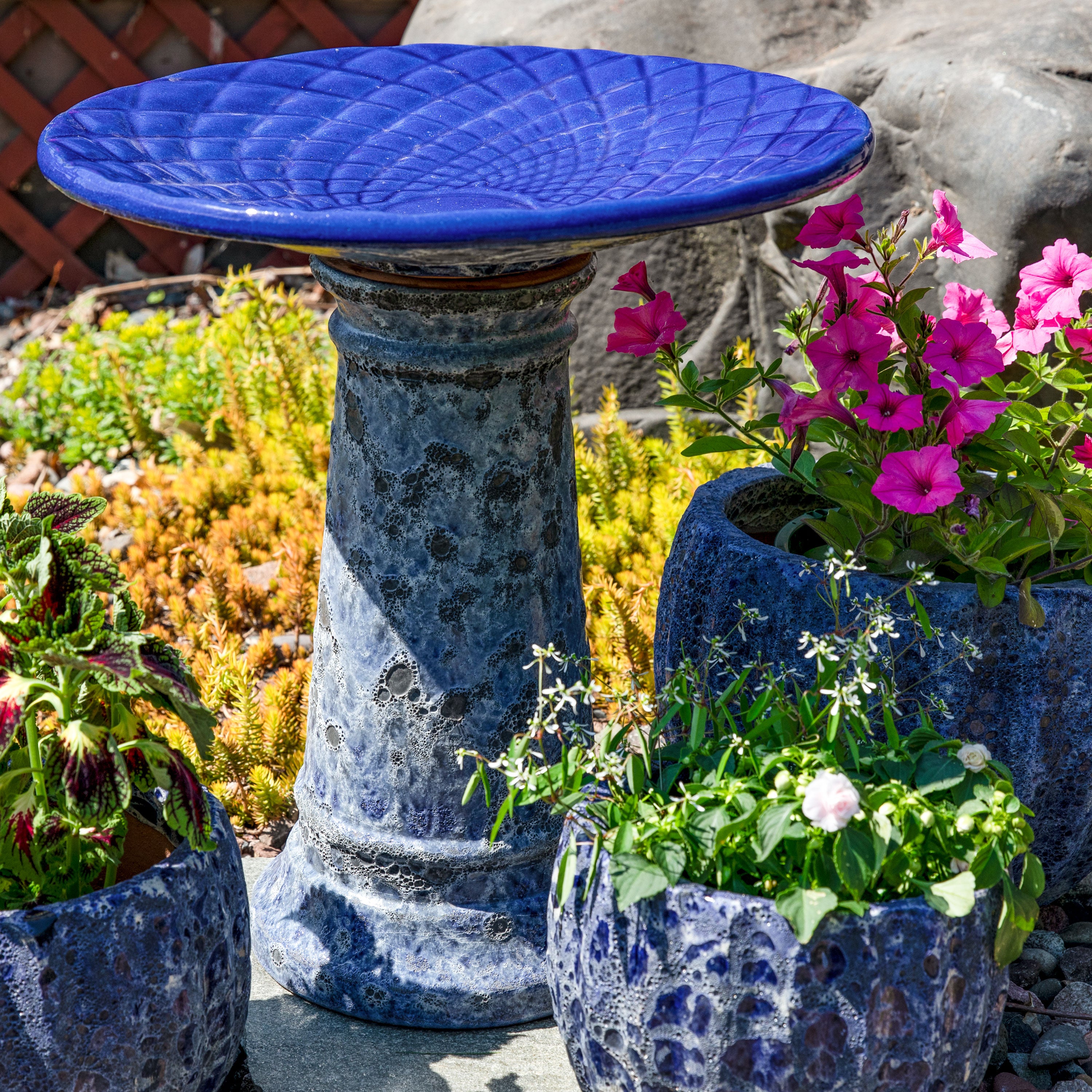 Sunnydaze Rennes Outdoor Ceramic Bird Bath - Blue Lava Finish - 22.5 Inch Height - Perfect for Garden Decor & Attracting Wild Birds