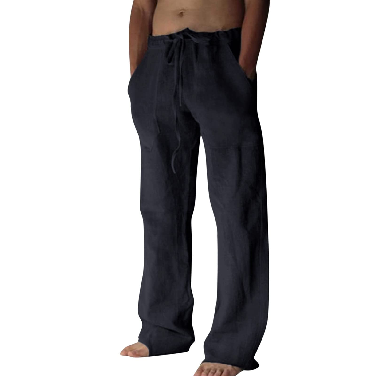 Breathable Summer Pants for Men - Solid Color Mid Waist Casual Trousers with Pockets & Drawstring | Perfect for Daily Wear, Outdoor Activities & Travel