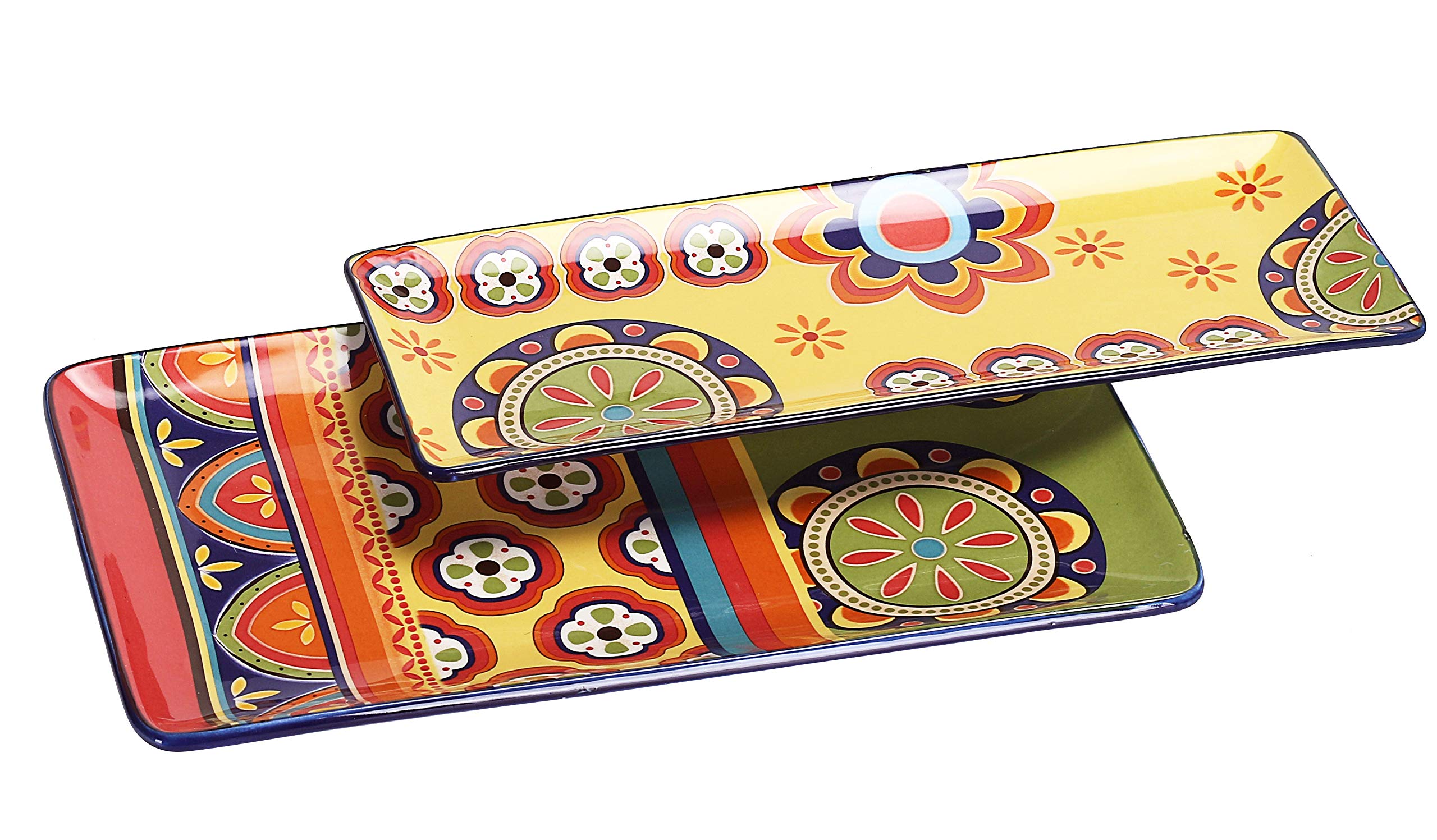 Bico Tunisian Ceramic 14 Inch Rectangular Serving Platter Set of 2 - Large Dish for Salad, Pasta, Cheese, Appetizers | Microwave & Dishwasher Safe | Perfect for Dinner Parties, Entertaining & Holiday Gatherings