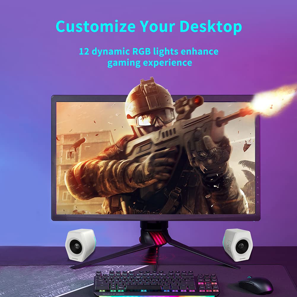 G2000 32W PC Gaming Speakers with Woofer - Bluetooth, USB, 3.5mm AUX Input, RGB Lights for Desktop, Laptop, Mac - White Multimedia Computer Speakers for Gaming, Music & Home Theater Setup