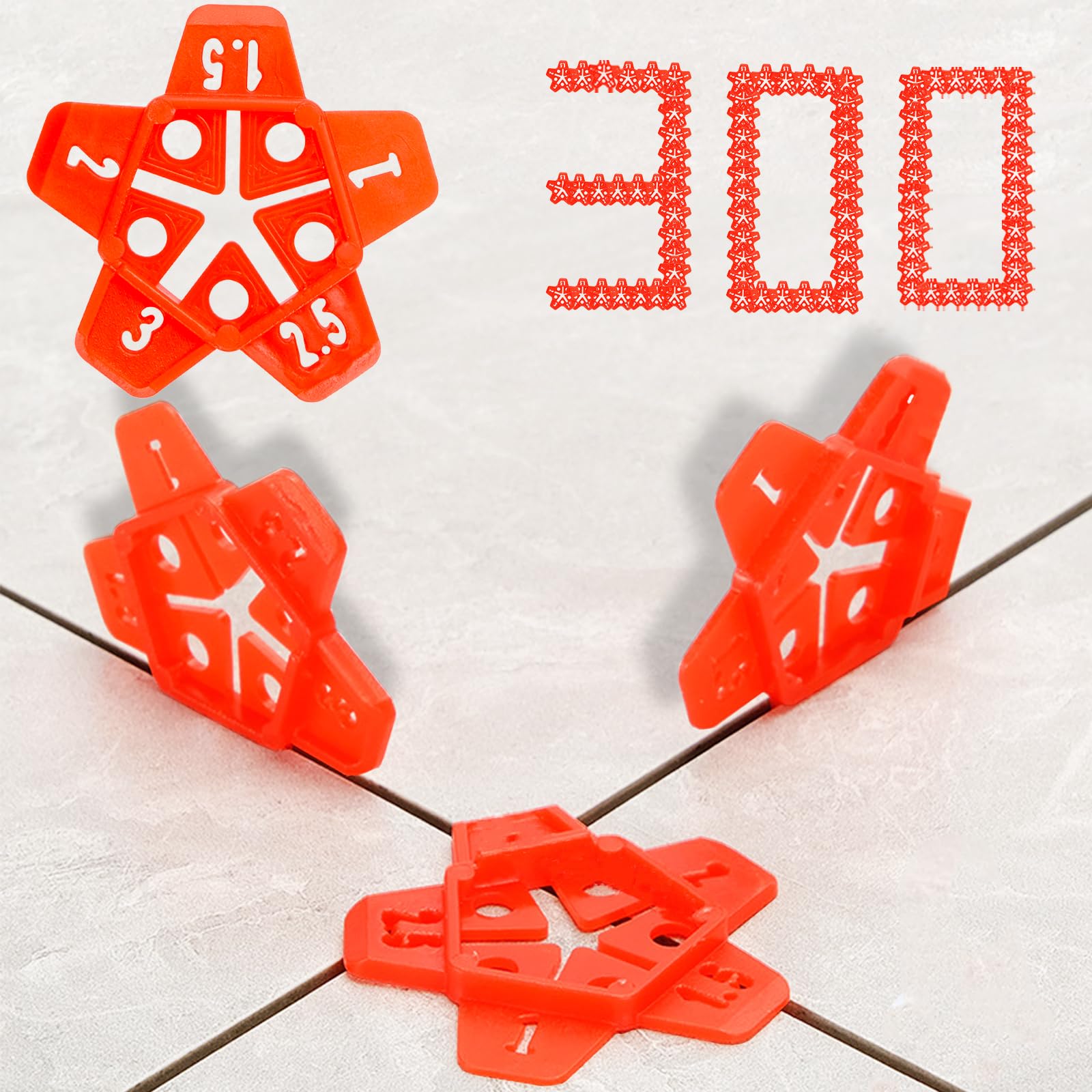 300pcs Reusable Plastic Tile Spacers - 5 Sizes in 1 (1-3mm) - U Shape Horseshoe Tile Leveling Spacers for Floor & Wall Tiles - Perfect for DIY Home Renovation, Bathroom & Kitchen Tiling Projects