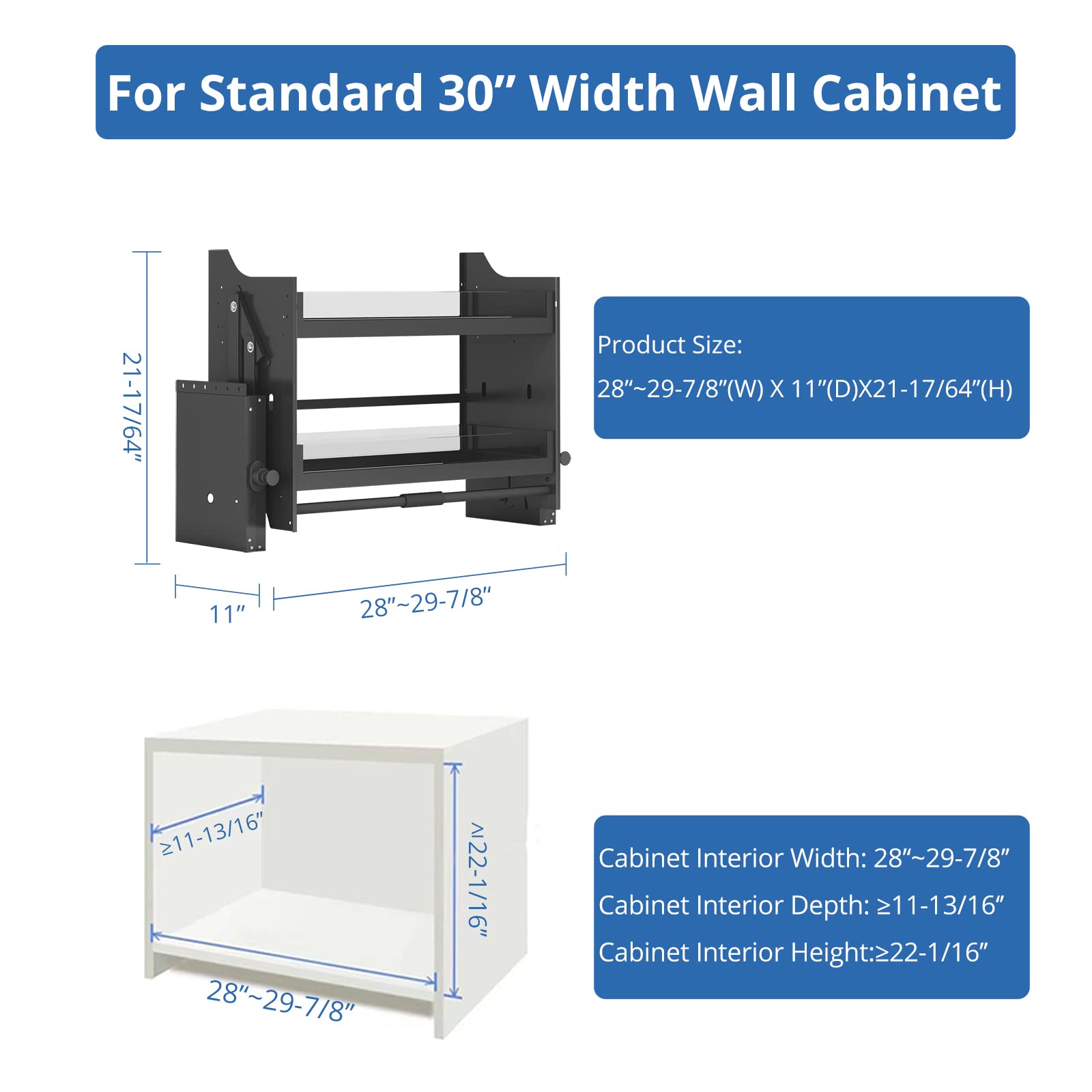 30 Inch Black Pull Down Shelf Organizer for Kitchen Wall Cabinets - Space Saving Storage Solution for Spices, Utensils & Small Appliances